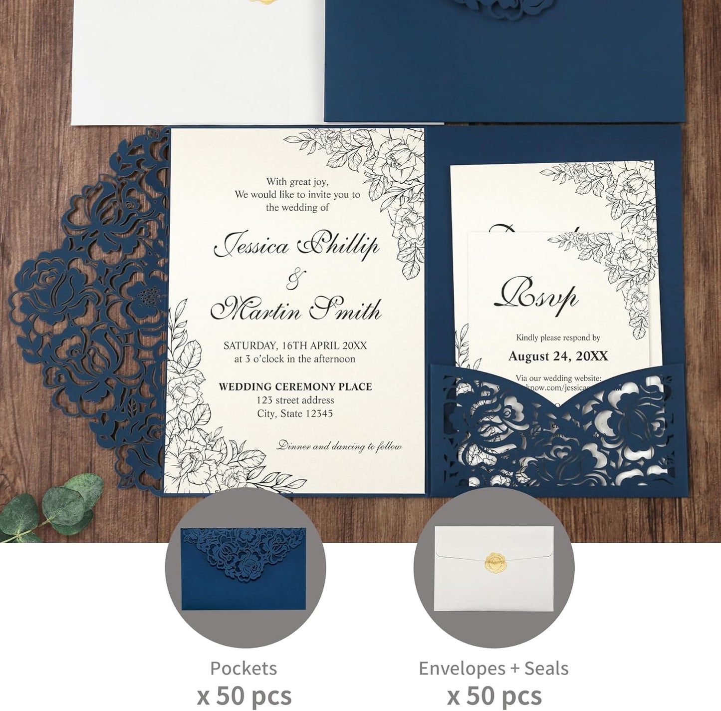 DORIS HOME 50pcs Laser Cut Wedding Invitation Pockets with Envelopes Blue, 5.12" x 7.12"Invitation Cards for Wedding, Anniversary (No Inserts Included)