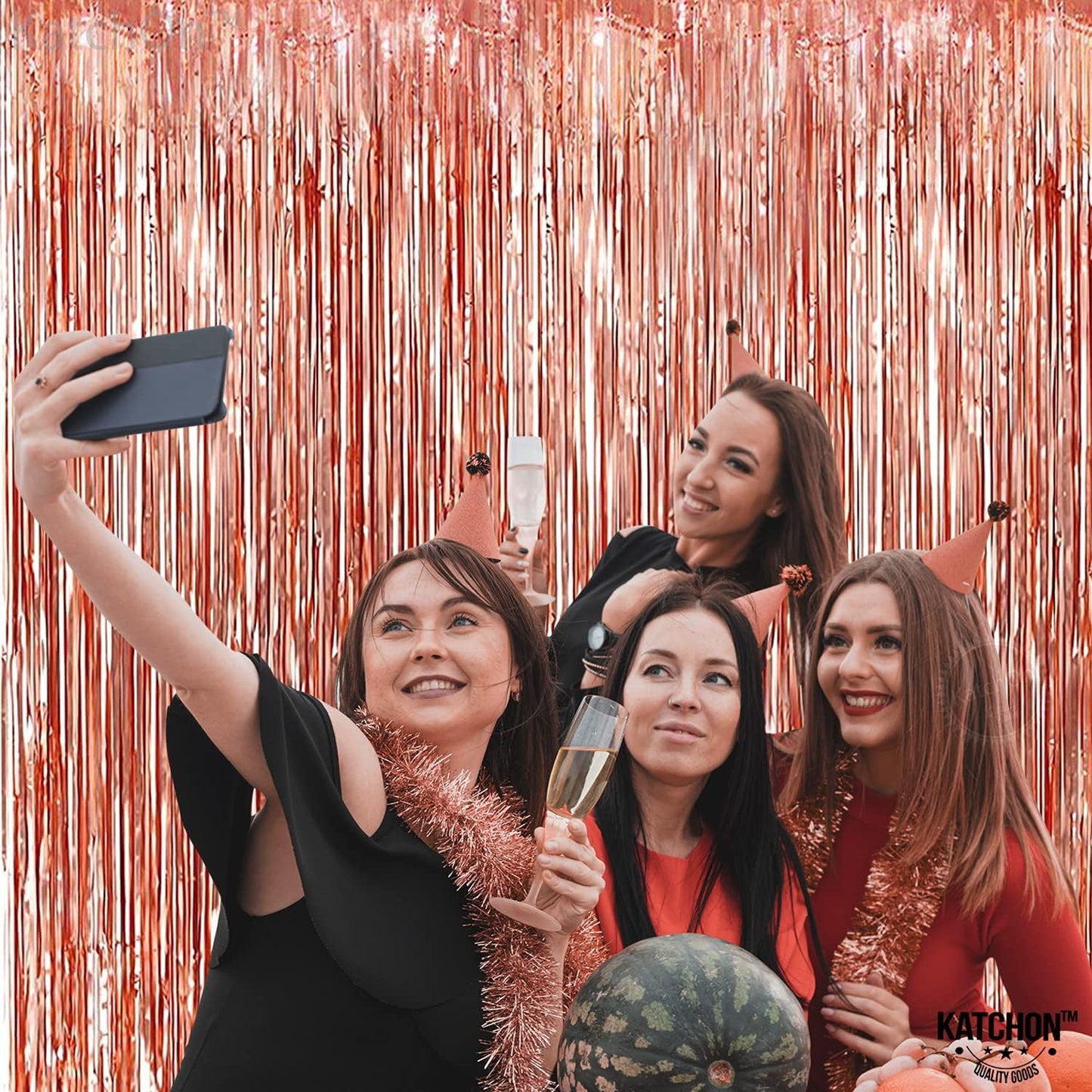 KatchOn, Rose Gold Fringe Curtain - Pack of 2 | Rosegold Backdrop for Anniversary, Wedding, Bachelorette Party Decorations| Fringe Backdrop for Rose Gold Birthday Decorations