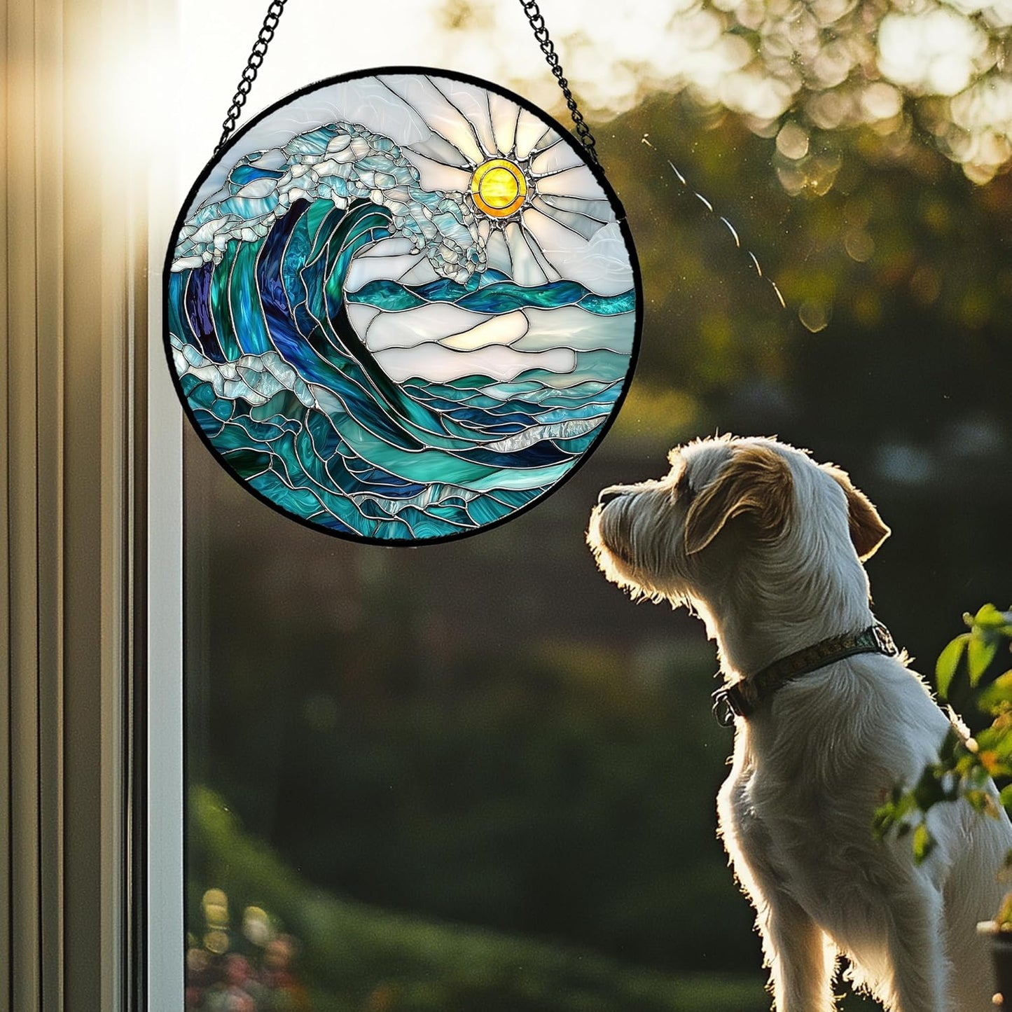 Stained Glass Window Hanging - Blue Green Waves Suncatcher for Door Terrace Garden Home Decor Sunrise Over The Sea Sun Catcher Birthday Gifts for Lovers Women Men Dad Mom Nana 6.3 in