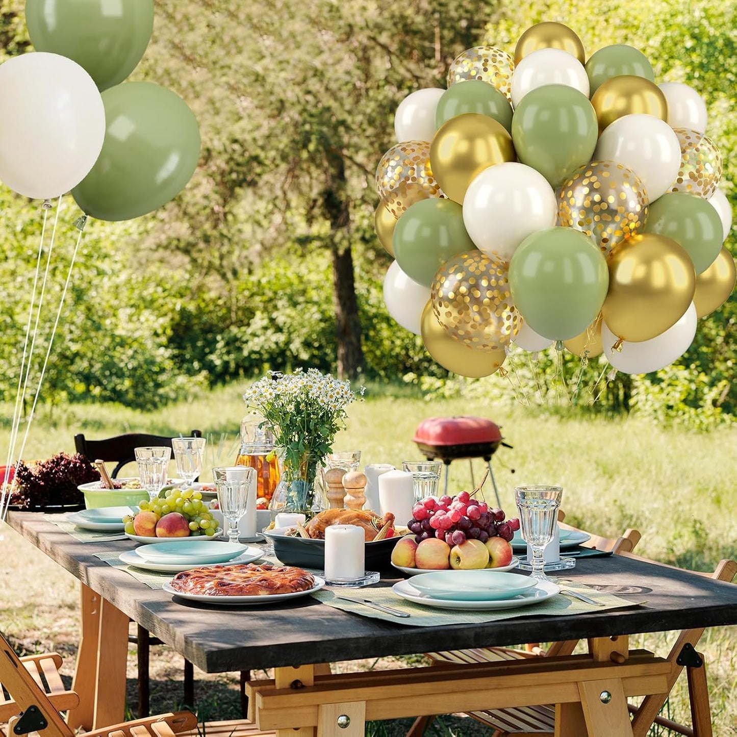 Sage Green and Gold Balloons, 50 PCS Sage Green Party Balloons, 12 Inch Metallic Gold Confetti Avocado Green Sand White Latex Balloons for Birthday Jungle Safari Wedding Baby Shower Party Decorations