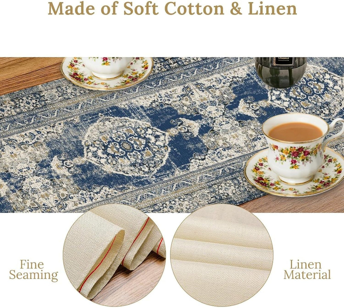 Vintage Boho Floral Table Runner, Rustic Country Farmhouse Blue Teal Retro Flower Pattern for Home Kitchen Table Decor Dining Coffee Room Party Decor 13x108in