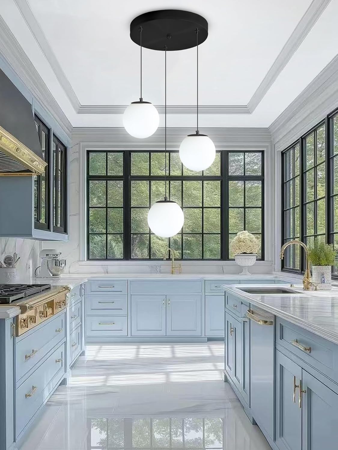 3-Lights Globe Glass Pendant Light Modern White Globe Glass Chandelier Mid Century Chandelier Black Hanging Fixture for Kitchen Island Foyer Hallway Dining Room