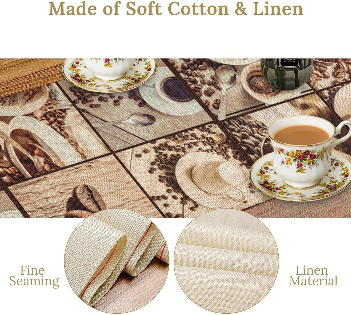 Coffee Theme Table Runner, Rustic Farmhouse Coffee Cup Latte Cappuccino Tea Party Cafe Table Center Decor for Home Kitchen Dining Patio Holiday Party Indoor Outdoor Table Decorations, 13"x36" Inch