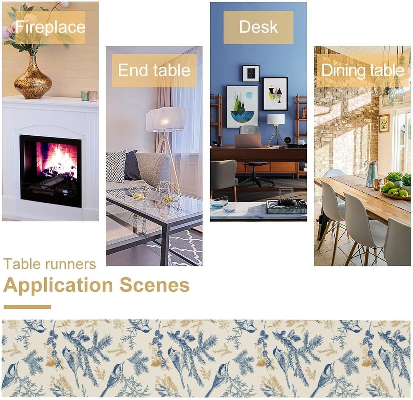 Floral Table Runner,Sketch Birds and Flowers Summer Table Runner Kitchen Dining Table Decoration for Home Party Decor 13x90 Inch