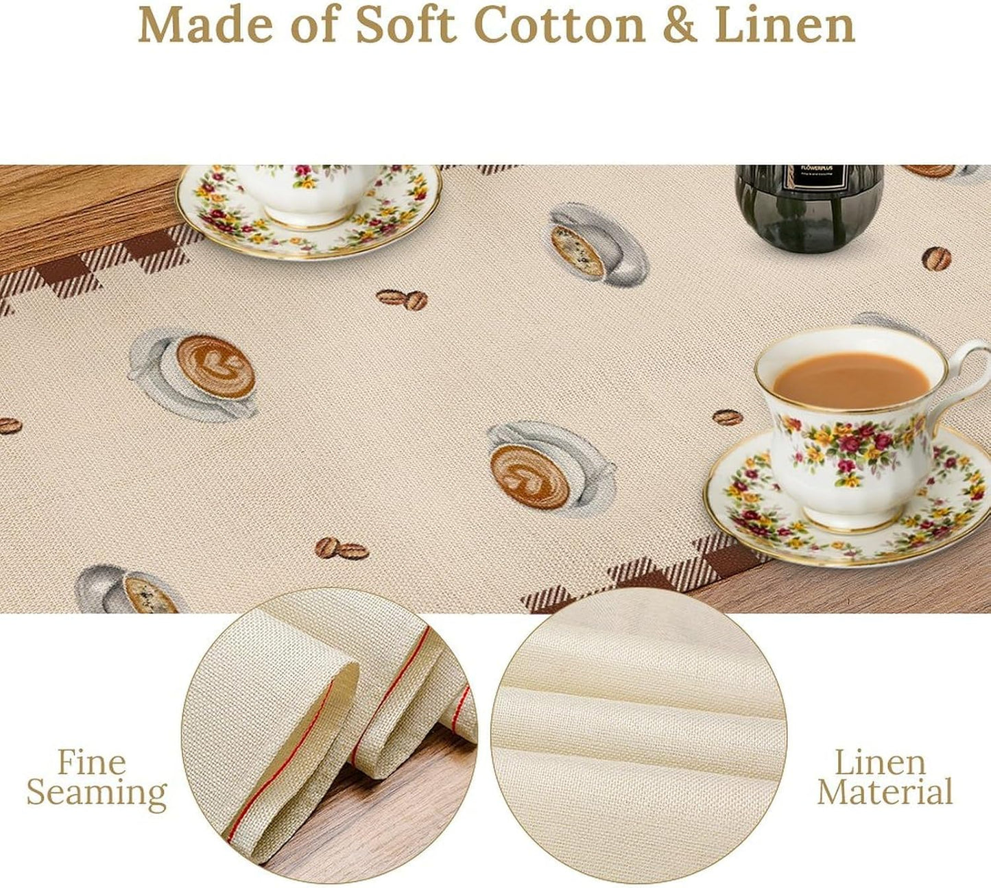 Coffee Time Table Runner, Farmhouse Retro Gnome Coffee Cup Tea Party Cafe Table Center Decor for Home Kitchen Dining Patio Holiday Party Indoor Outdoor Table Decorations,13"x36" Inch