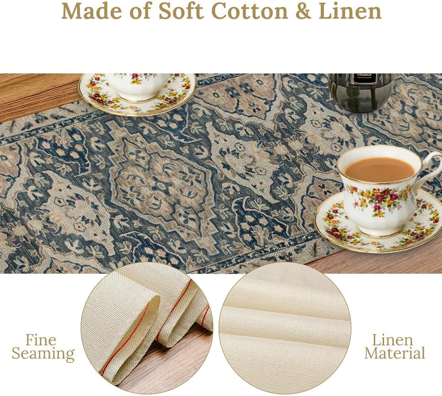 Vintage Boho Floral Table Runner, Rustic Country Farmhouse Blue Grey Retro Flower Pattern for Home Kitchen Table Decor Dining Coffee Room Party Decor 13x60in