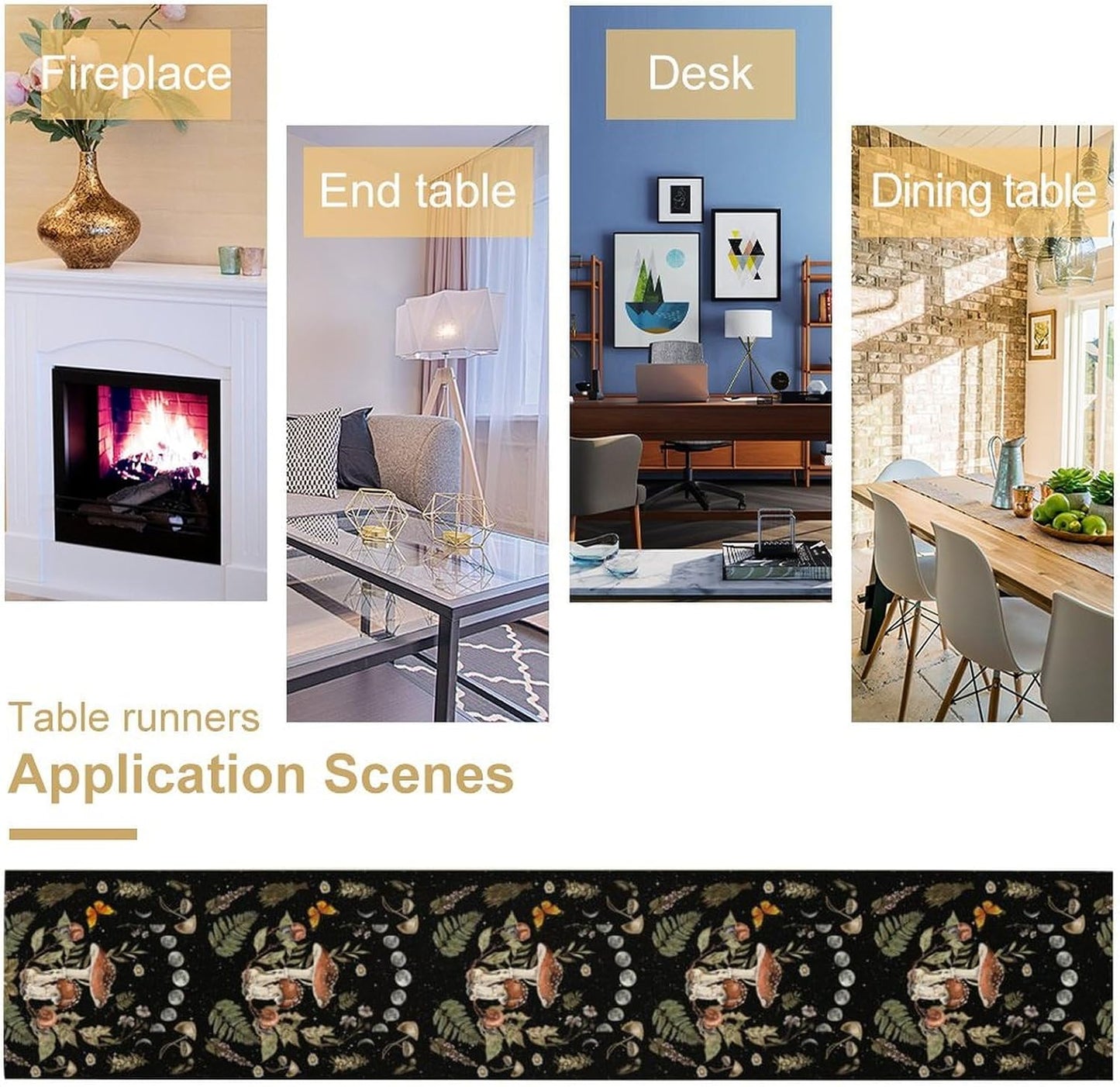 Mushroom Kitchen Table Runner, Boho Vintage Wild Flower Gothic Witchy Moonlit Forest Plant Table Runner for Bedroom Living Room Kitchen Dinner Table, 13x60 Inch