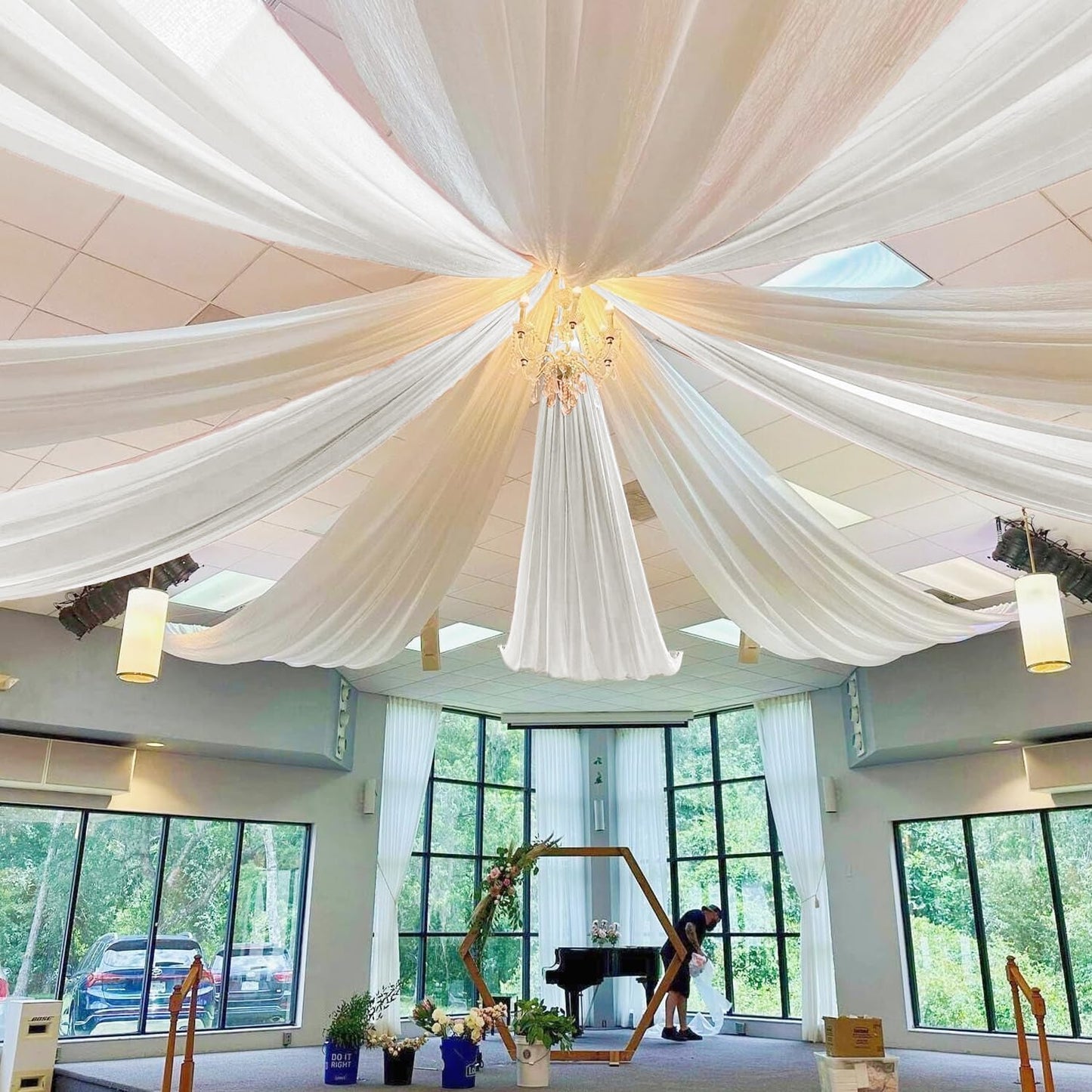 MODFUNS Ceiling Drapes for Weddings White Sheer Ceiling Draping 5x30ft 2 Panels Chiffon Ceiling Curtain Wedding Arch Draping Fabric Tulle Ceiling Drapery for Ceremony Arbor Party Stage Decoration