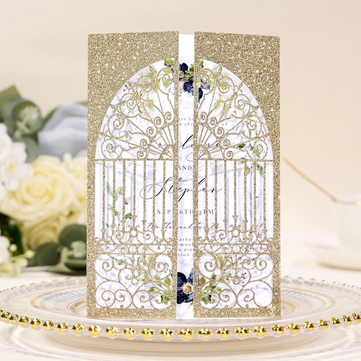 25Pcs Light Gold Glitter Laser Cut Wedding Invitation Kits with Envelopes and RSVP Cards Personalized Invitations for Sweet 16 Baby Bridal Shower Engagement Quinceanera Invite