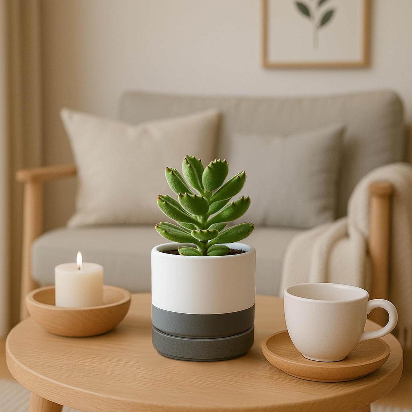 D'vine Dev Set of 4 Small Ceramic Plant Pots, 4.7 Inch Succulent Planter Pot for Plants with Drainage Hole and Saucer, White/Speckled Grey, 94-X-B-6