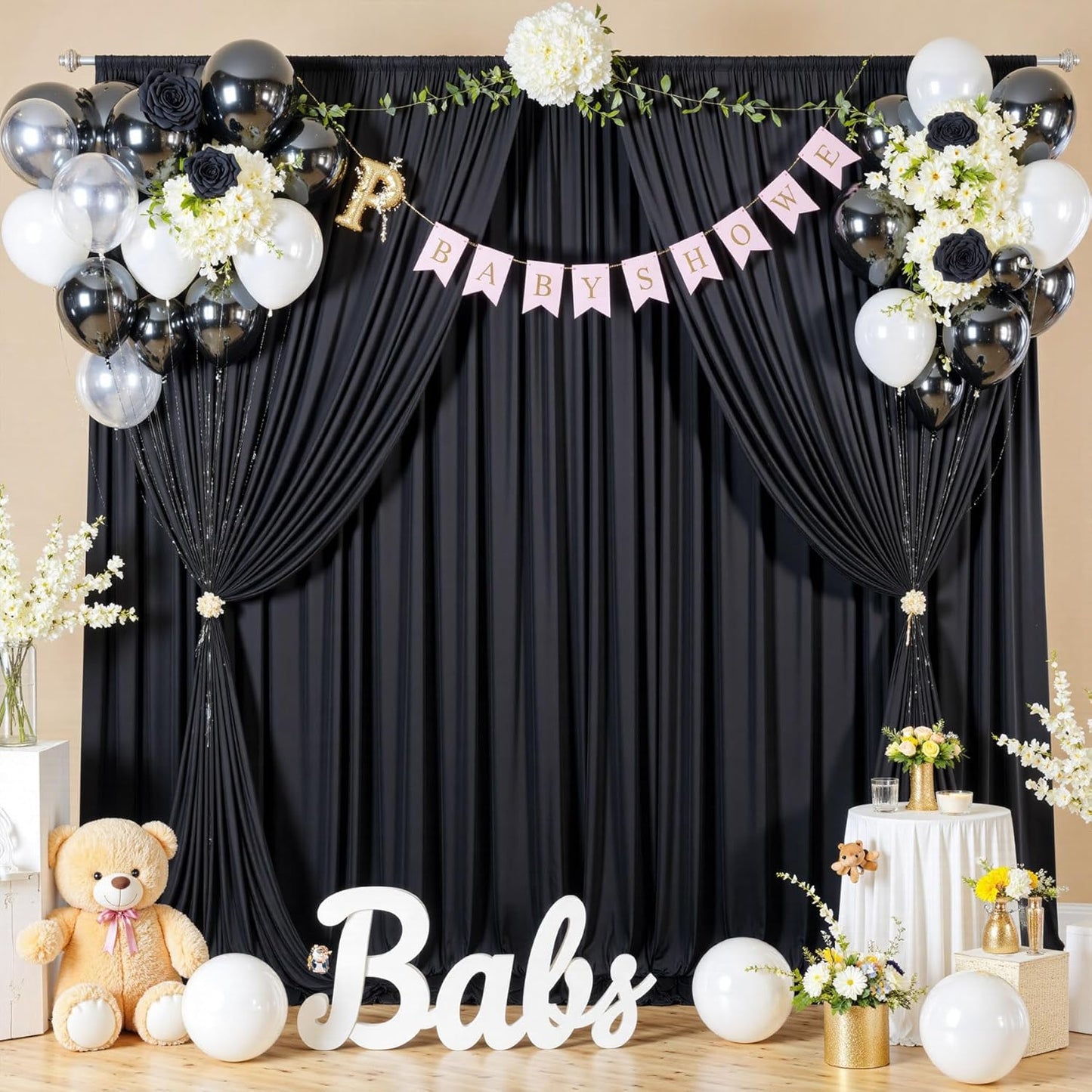 40ftx10ft Wrinkle Free Black Backdrop Curtain for Parties 8 Panels 5x10ft Silky Polyester Photo Backdrop Drapes Back Drop Cloth for Wedding Birthday Background Photography Photoshoot Decor