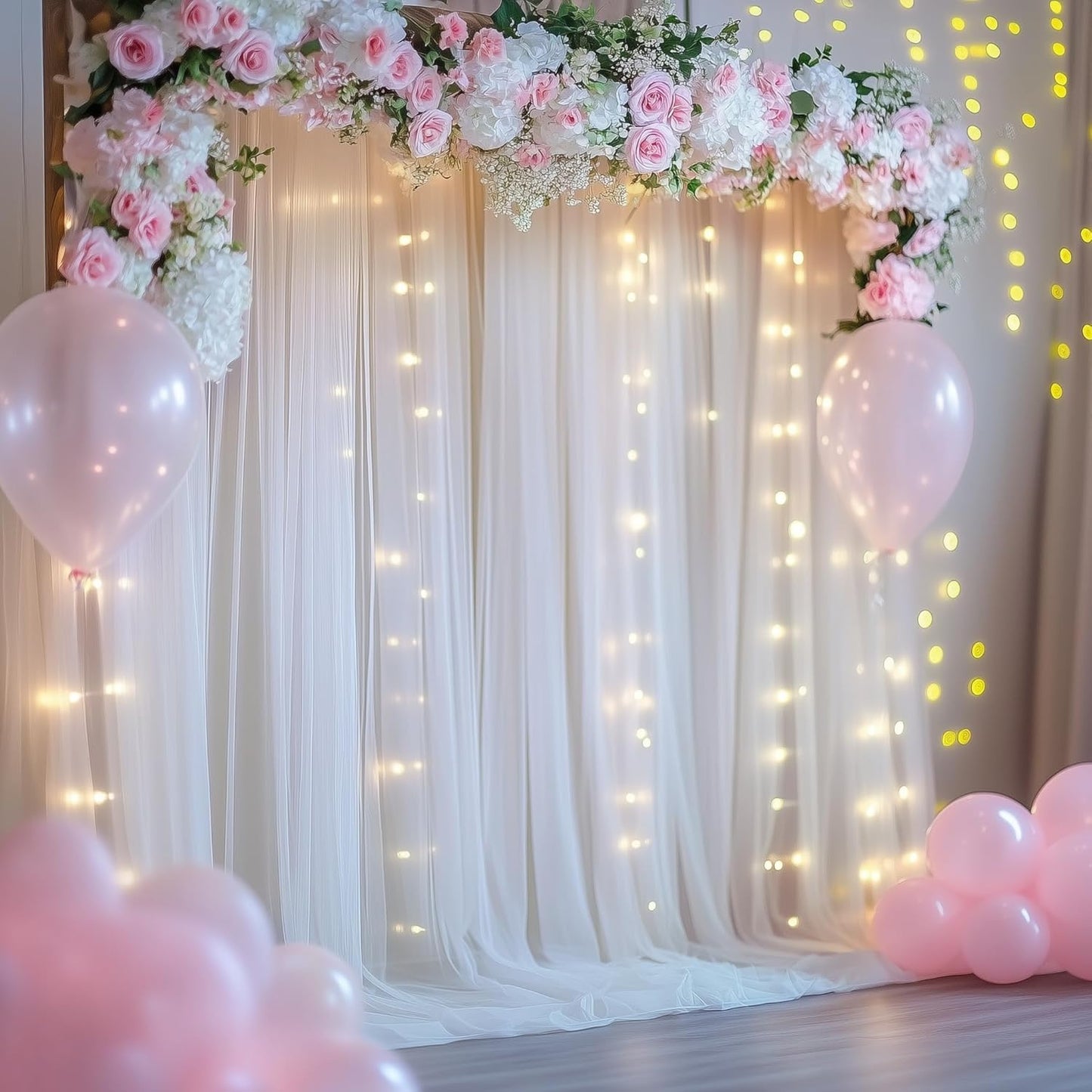 Tulle Backdrop Curtain with Lights String 30 X 8FT Ivory Sheer Tulle Backdrop Curtains for Wedding Birthday Party Reception Photo Booth Background Decorations (6 Panels 5x8FT)