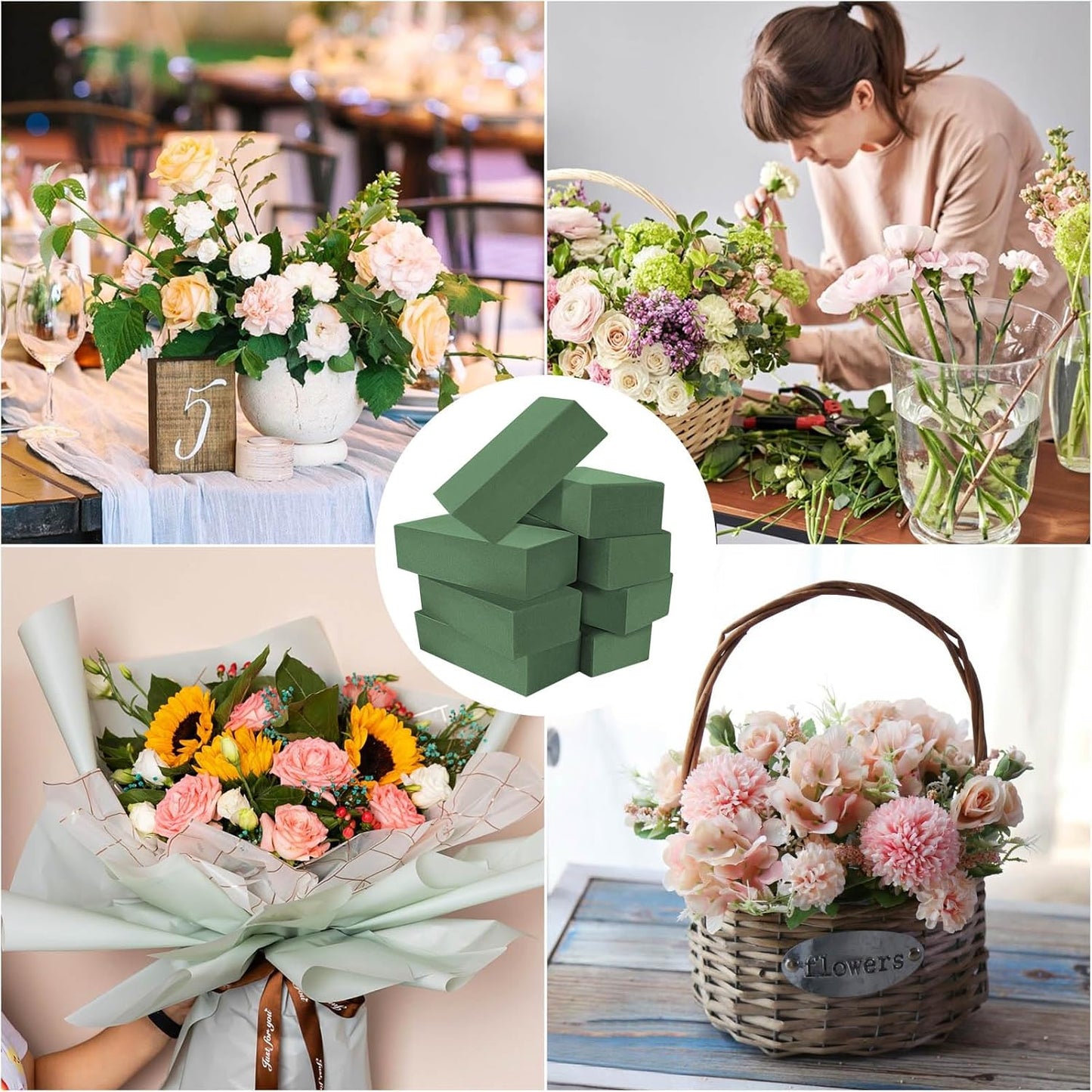 Acrux7 8 Pack Floral Foam Blocks 9x4.3x3 Inch Florist Foam Bricks for Fresh and Artificial Flowers Dry and Wet Foam Bricks Flower Arrangement Supplies for Wedding, Garden, Home, Office (Green)