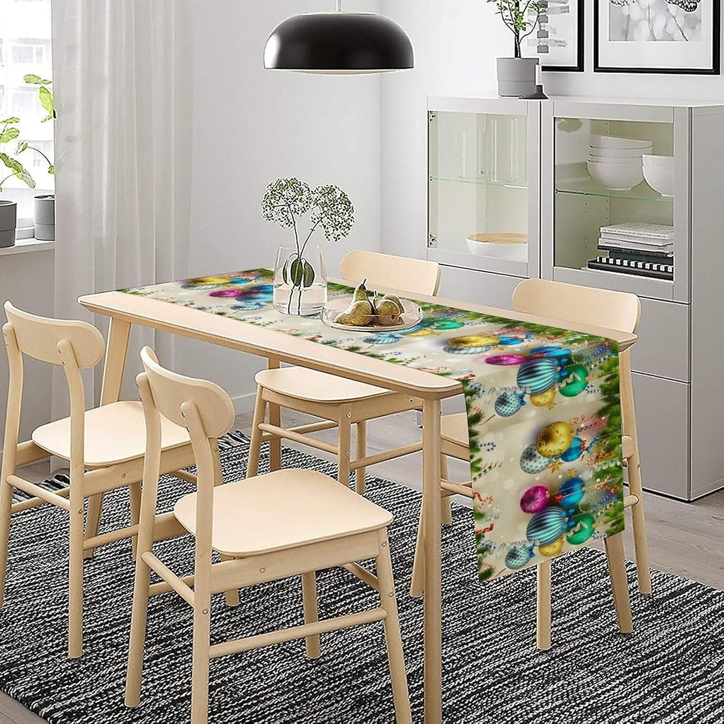 Christmas Table Runner,Colorful Balls Xmas Tree Snowflake Pattern Print Tablecloth Burlap for Hotel Indoors Outdoor Dining Room Kitchen Home Decor,W13X L108 in