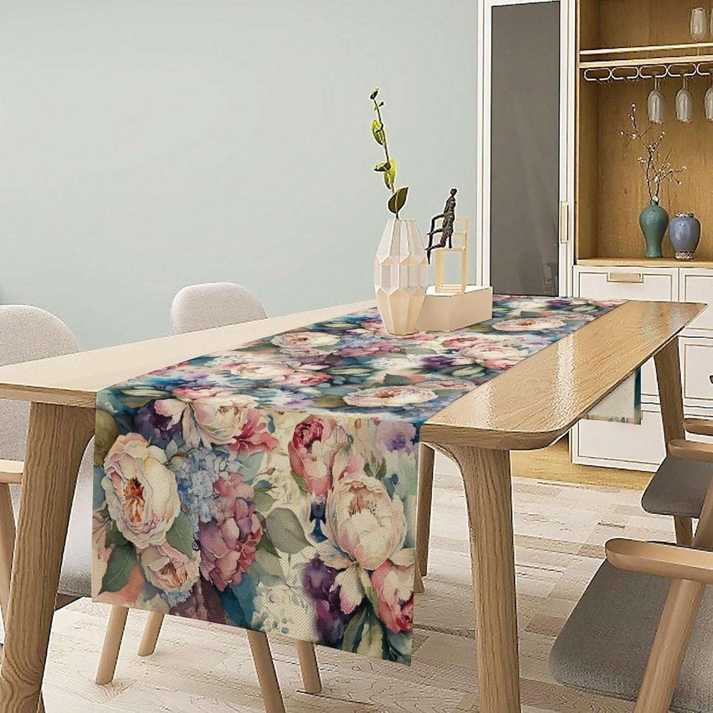 Vintage Floral Table Runner,Girls Women Rose Romantic Leaf Botanical Watercolor Pattern Print Burlap for Hotel Indoors Outdoor Dining Room Kitchen Holiday Party, 13x80in