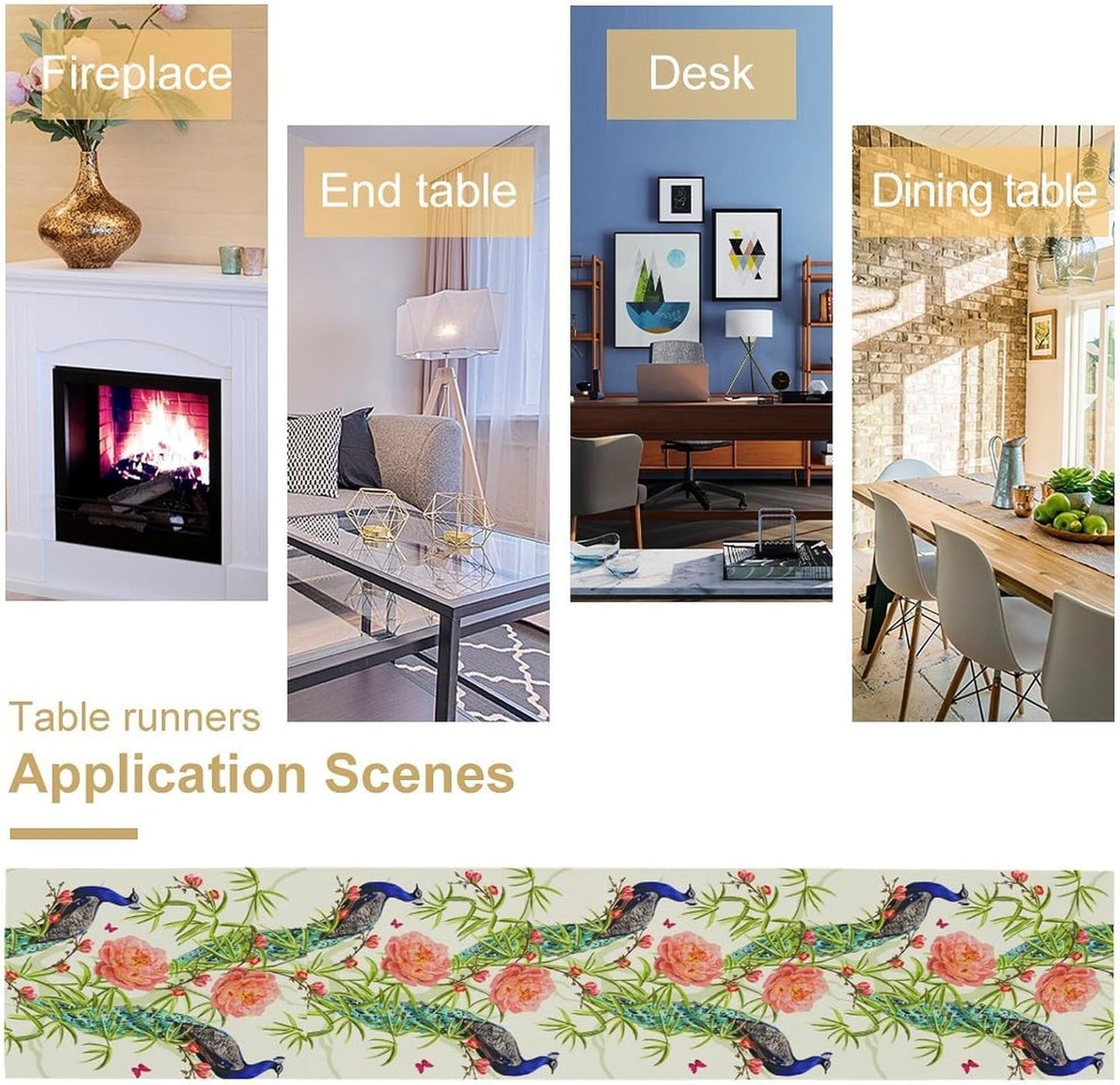 Peacock Table Runner,Seasonal Flower Plants Peacock Birds Table Runner for Home Kitchen Dining Party Indoor Outdoor Decoration 13x120 Inch