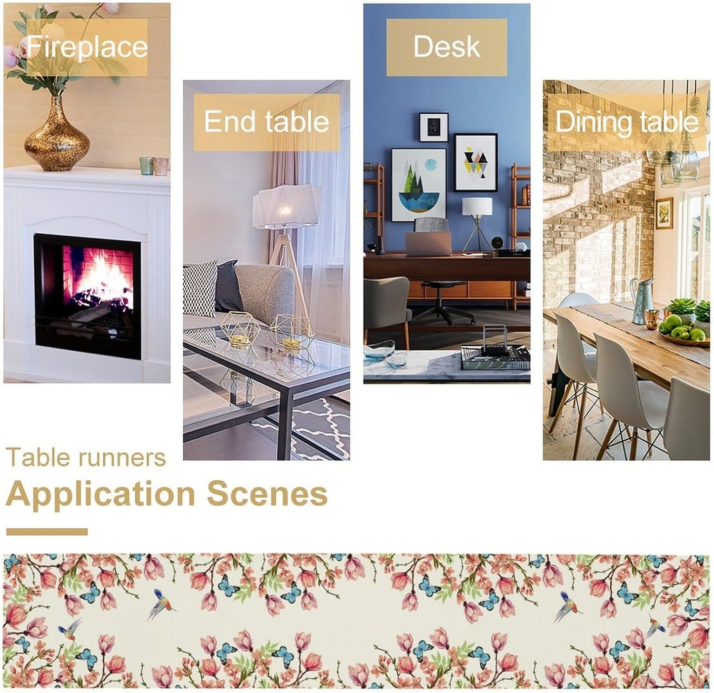 Flowers Table Runner,Floral Bird Butterfly Spring Table Cloth Kitchen Dining Table Home Party Decoration 13x90 Inch