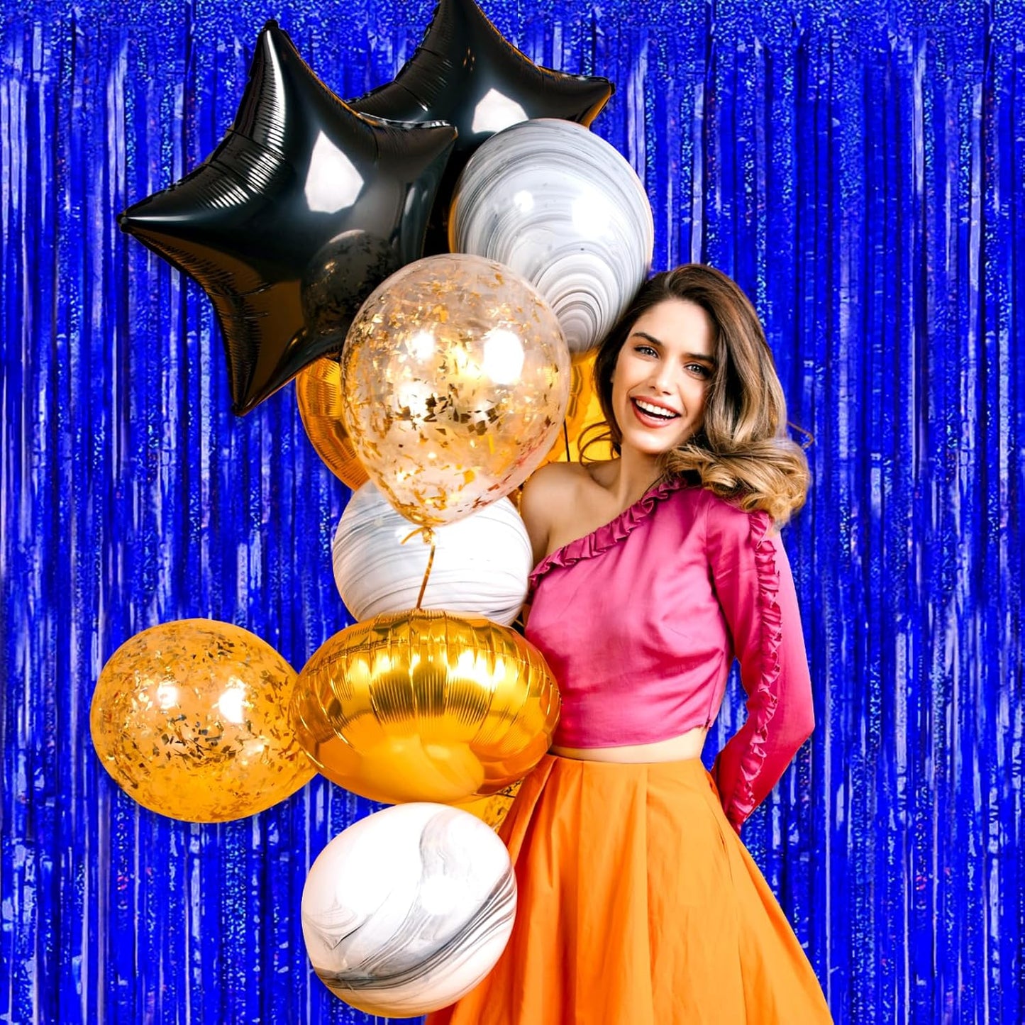 3 Pack Blue Foil Fringe Curtain Backdrop, 3.28Ft x 8.2Ft Metallic Tinsel Foil Fringe Streamer Curtains for Photo Booth, Mother's Day, Easter, Birthday, Wedding Party Decorations