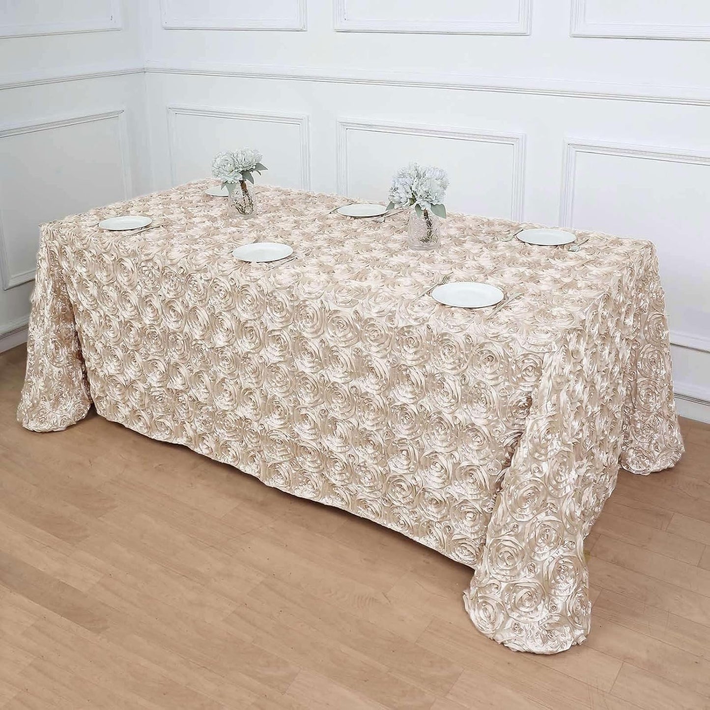 Efavormart 90"X132" Beige Grandiose 3D Rosette Satin Rectangle Tablecloth for Wedding Party Event