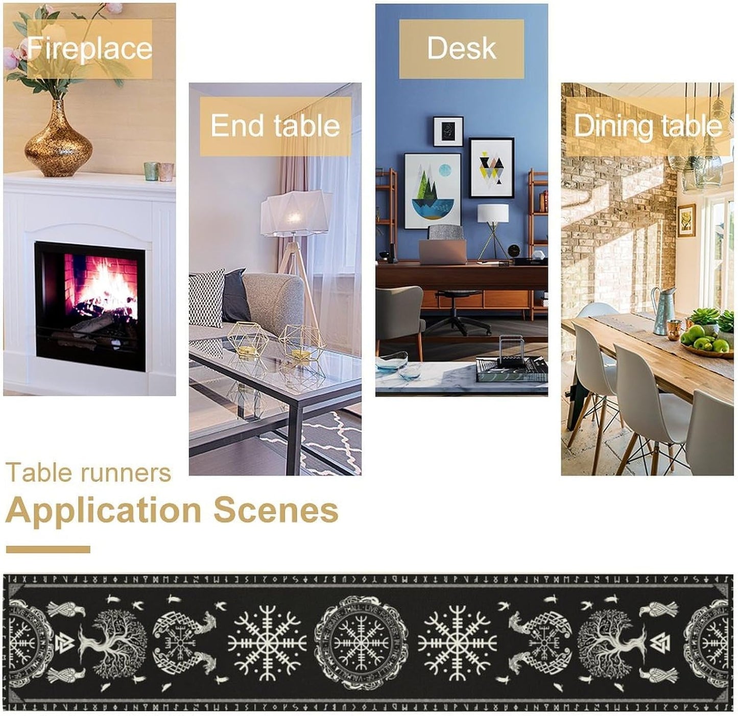 Ancient Abstract Pattern Table Runner, Tree of Life Eagle Dragon Boat Rudder Black and White Table Runner 13x60 Inch