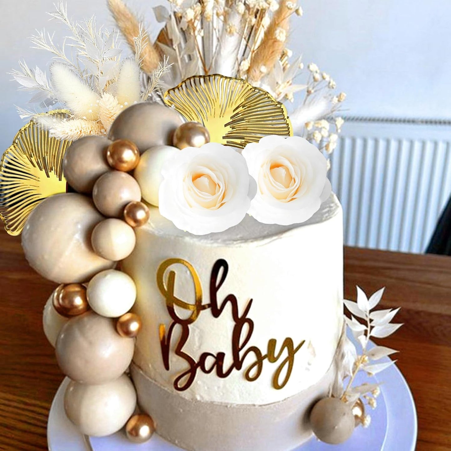 JeVenis Boho Champagne Cake Decoration Gold Balls Cake Decoration Palm Leaves Cake Topper Bohemian White Gold Ball for Wedding Birthday Birthday Anniversary