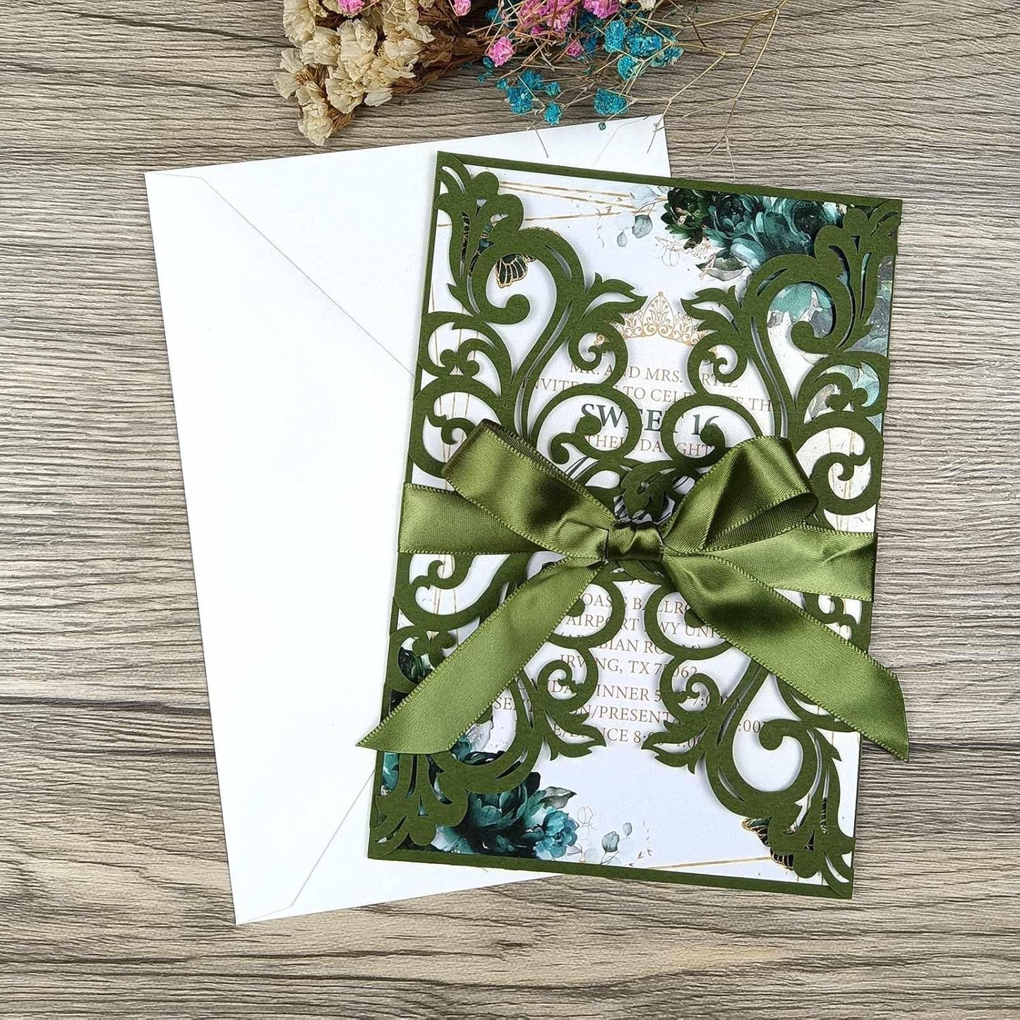 25PCS Olive Green Laser Cut Wedding Invitations Cards with Envelopes,Blank Inner Sheets,Ribbons for Wedding Bridal Shower Quinceañera Engagement Birthday Invites