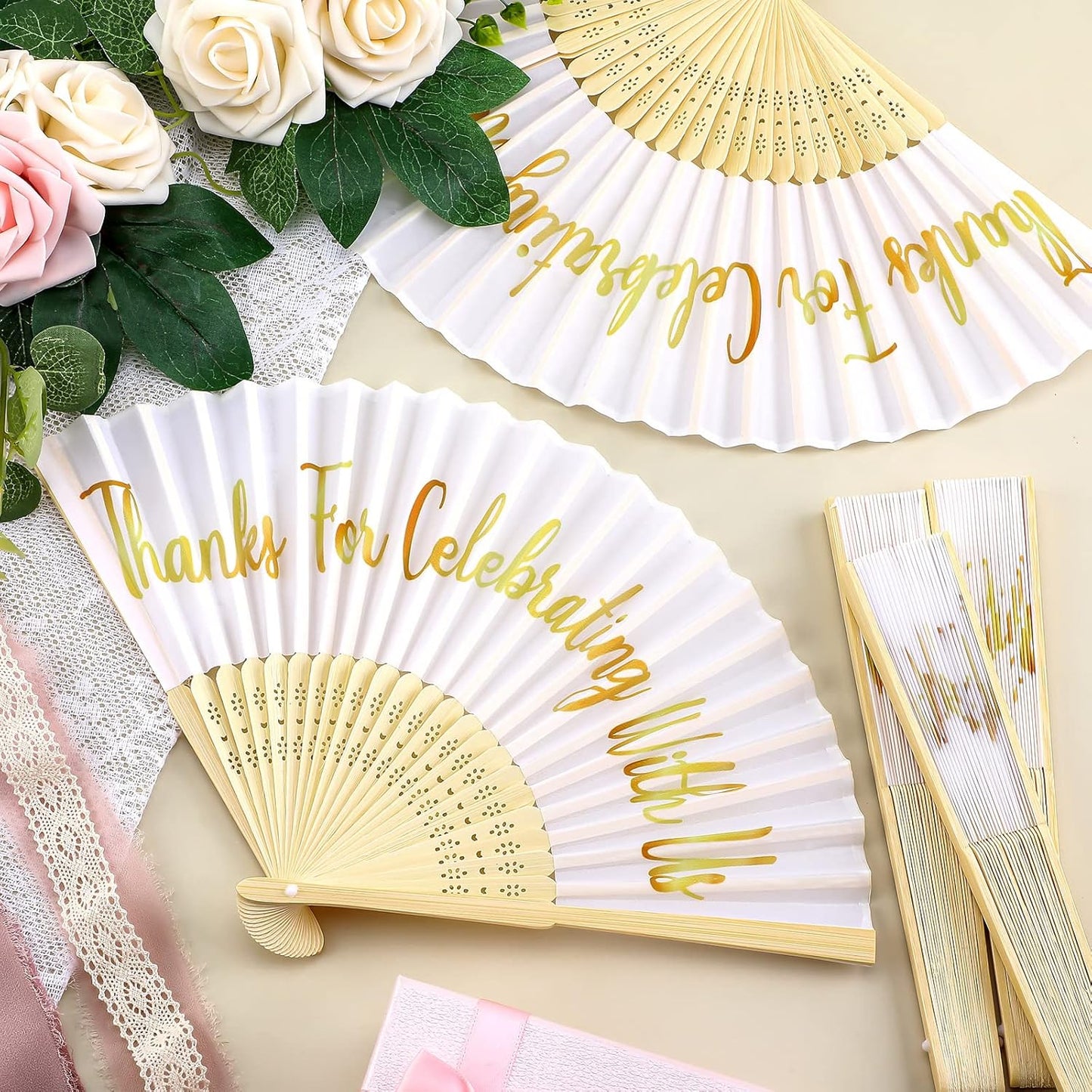 Jetec 50 Pcs Wedding Fans for Guests Bulk Silk Hand Fans Handheld Folded Thank You for Celebrating with Us Wedding Favors for Bridal Bridesmaid Baby Shower Dancing Party Church Gift(White)