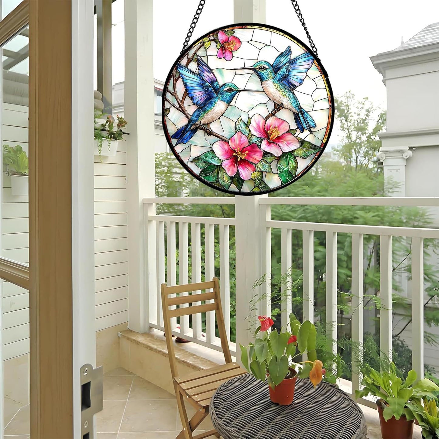 Stained Glass Window Hanging - Blue White Hummingbirds Pink Flowers Suncatcher for Door Terrace Garden Home Decor Bird Sun Catcher Birthday Gifts for Lovers Women Men Dad Mom Nana 9.8 in