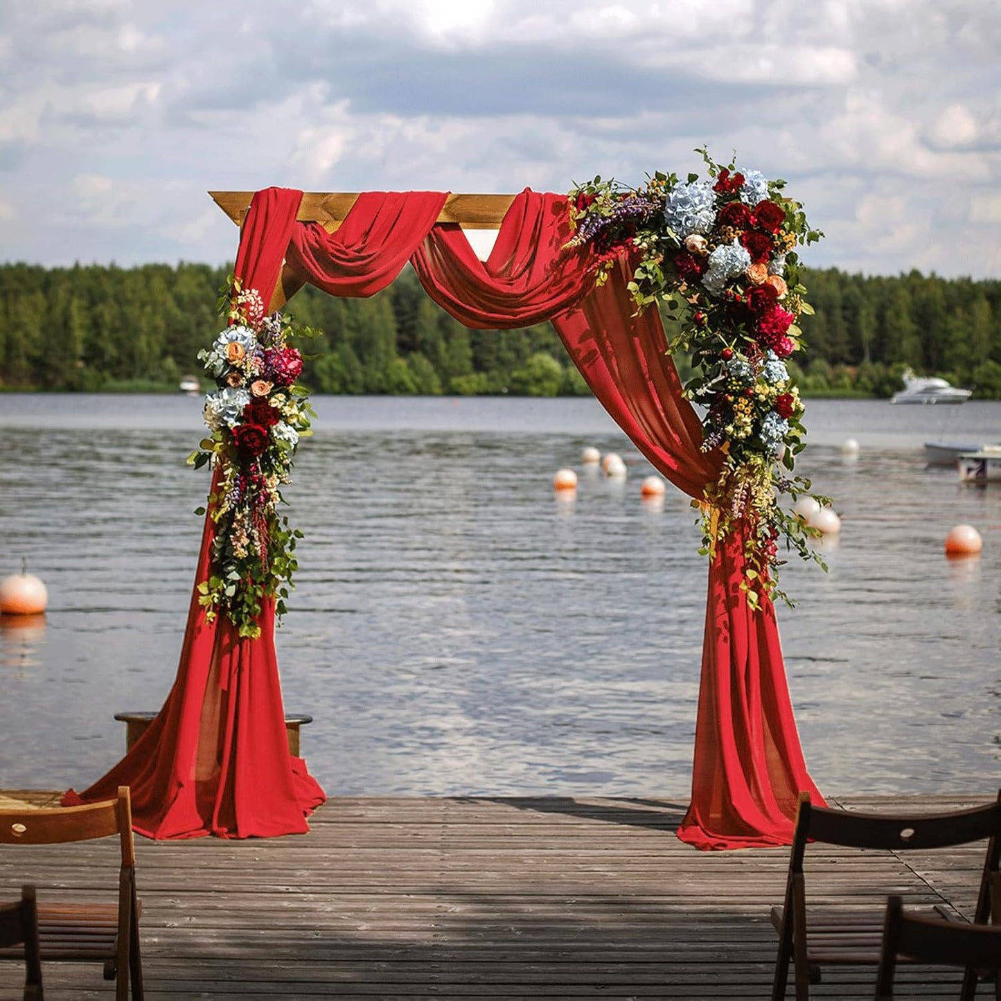 Wedding Arch Draping Fabric 29" x 18 FT Red Sheer Chiffon Outdoor Curtain Drapes for Wedding Birthday Party Ceremony Decor(2 Panels, Red)