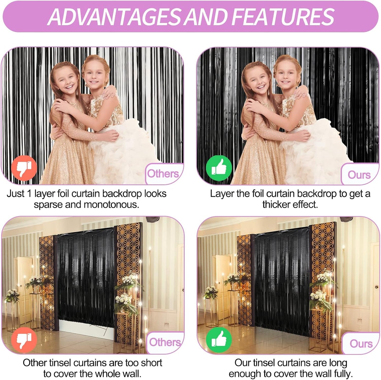 Crosize 7 Pack 3.3 x 9.9 ft Black Foil Fringe Backdrop Curtain, Streamer Backdrop Curtains, Streamers Birthday Party Decoration, Rose Gold Tinsel Curtain for Parties, Galentines Decor, Baby Shower