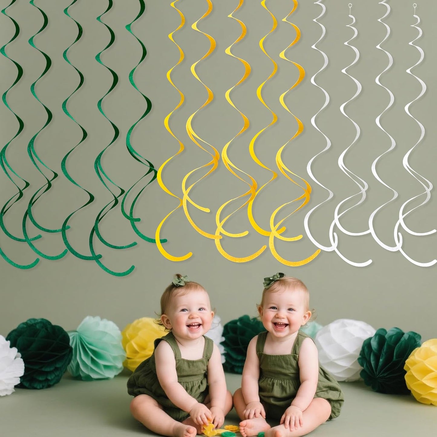 36 Pcs Green Yellow White Hanging Swirl Decorations Felt Swirl Streamer Spiral Ceiling Garland Banner for Graduation Birthday Wedding Retirement Baby Shower Spring Summer Garden Party Decor Supplies