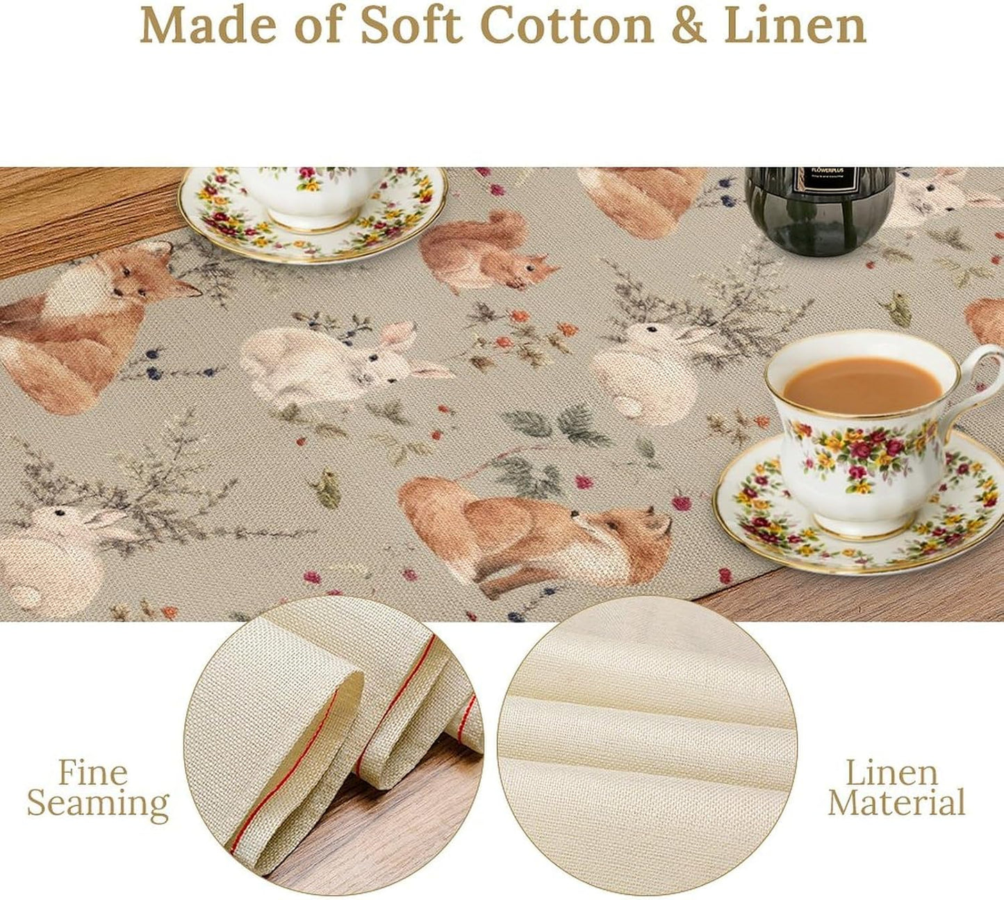 Rustic Forest Table Runner, Farmhouse Wild Woodland Animals Country Deer Fox Rabbits Watercolor Table Center Decor for Home Kitchen Dining Patio Holiday Party Outdoor Table Decorations, 13"x108" Inch