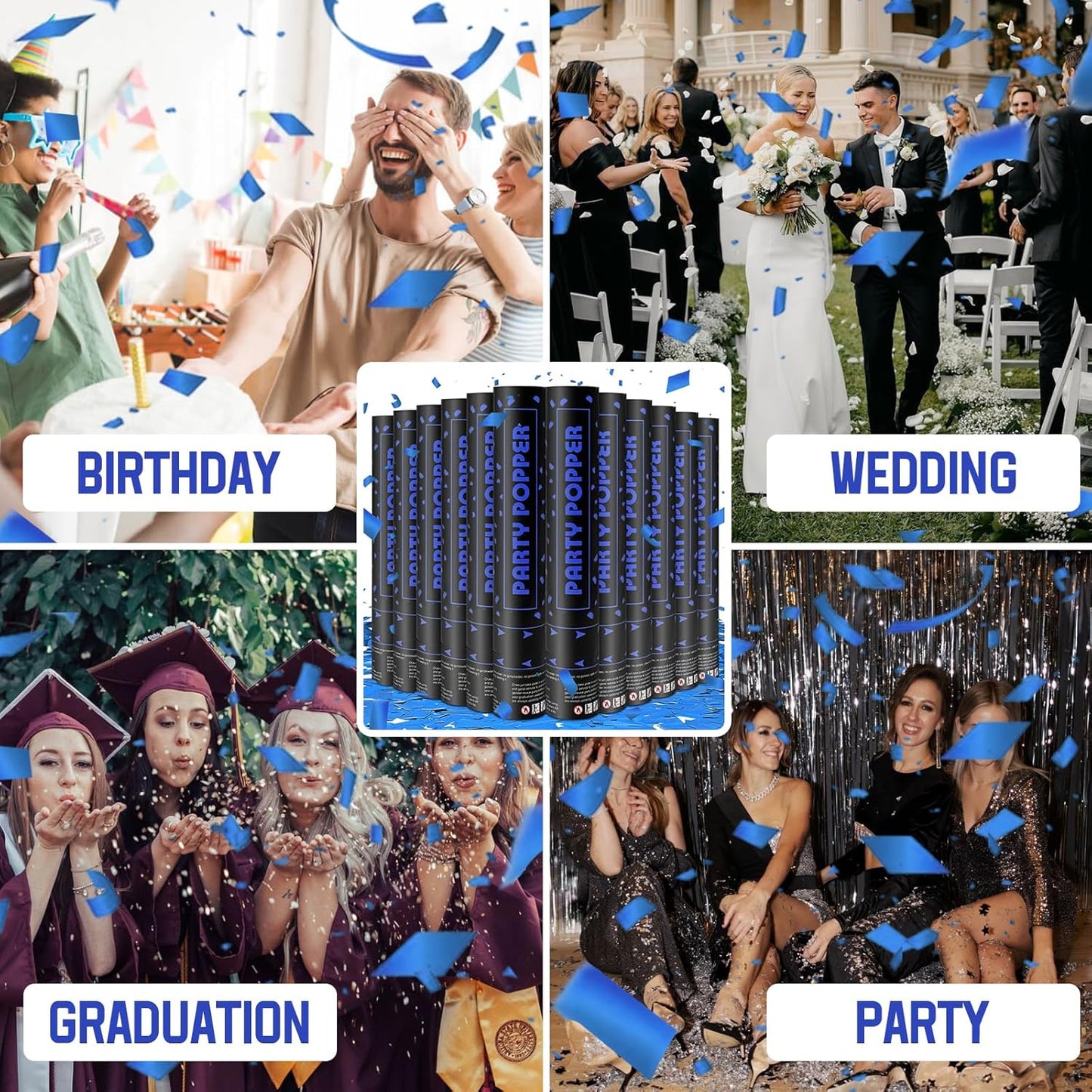 Party Poppers Confetti Cannon 12 Pack Royal Blue Poppers 12 Inch Party Shooters Mylar Confetti Blue Foil Confetti Cannons Bulk for Wedding Birthday Graduation Baby Gender Reveal Christmas New Years