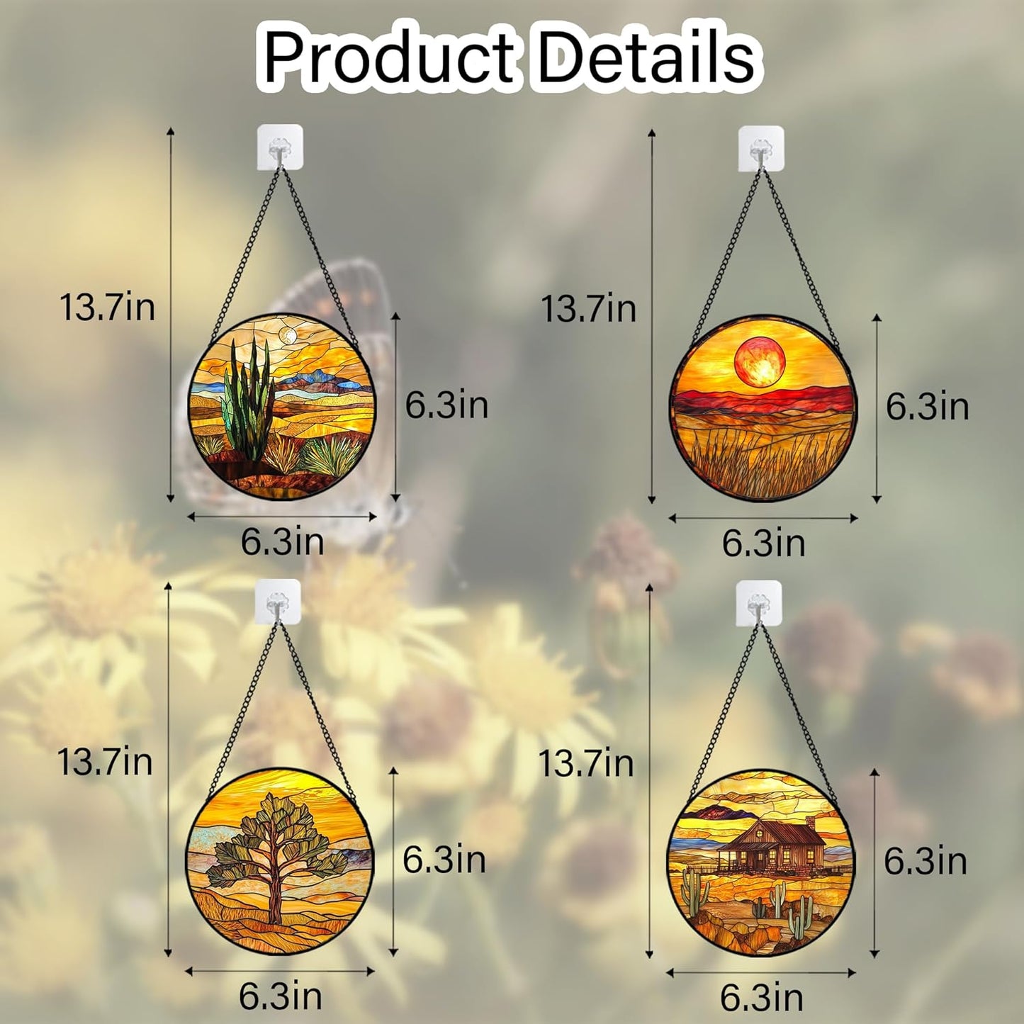 Stained Glass Window Hanging 4 Pcs Set Desert Sunset Theme Landscape 6.3" - Suncatcher Door Garden Sun Catcher Decor Birthday Christmas for Mom Woman Nana Men