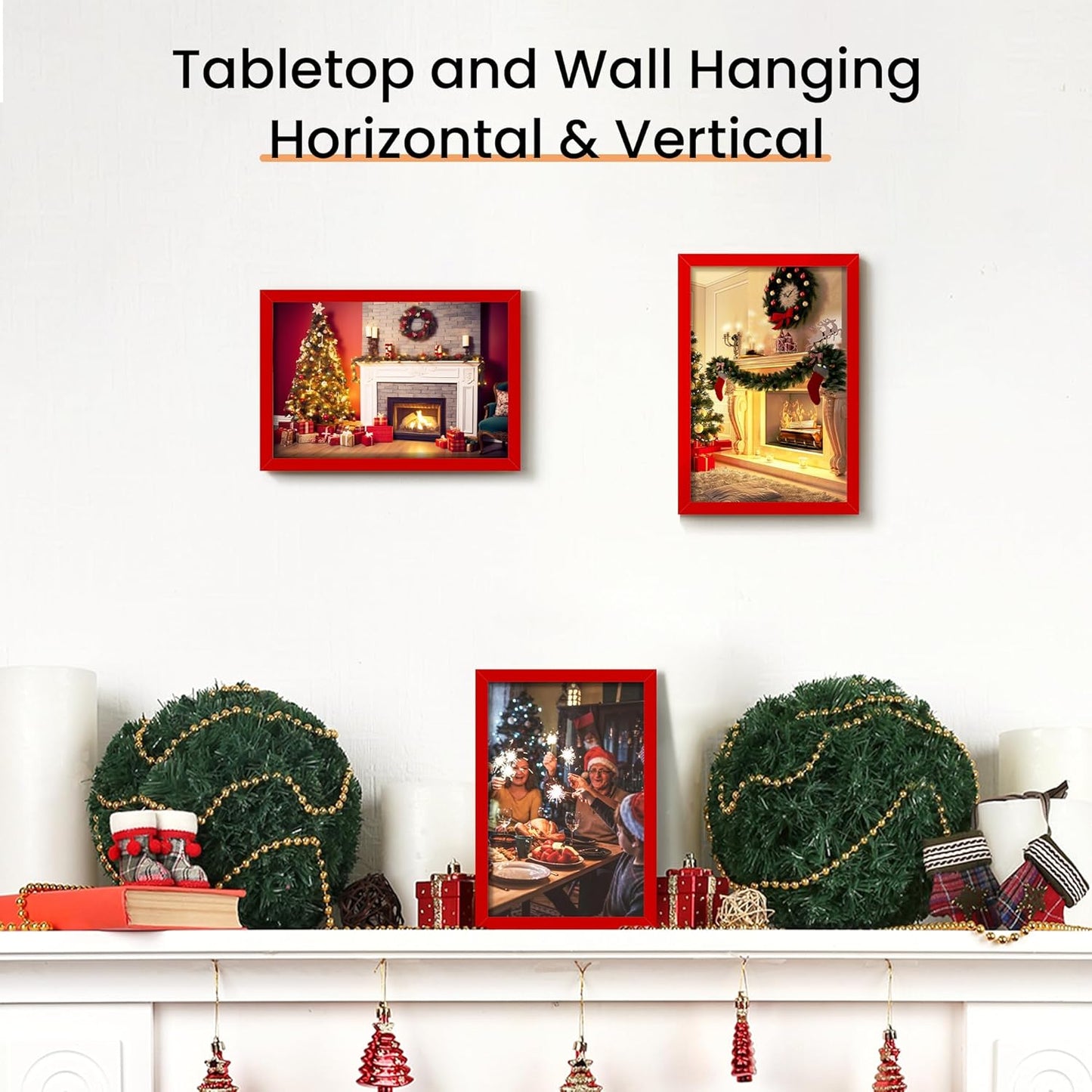 upsimples 5x7 Picture Frame Set of 3, Made of High Definition Glass for 5 x 7, Wall and Tabletop Display Thin Border Photo Frames for Home Decor, Red