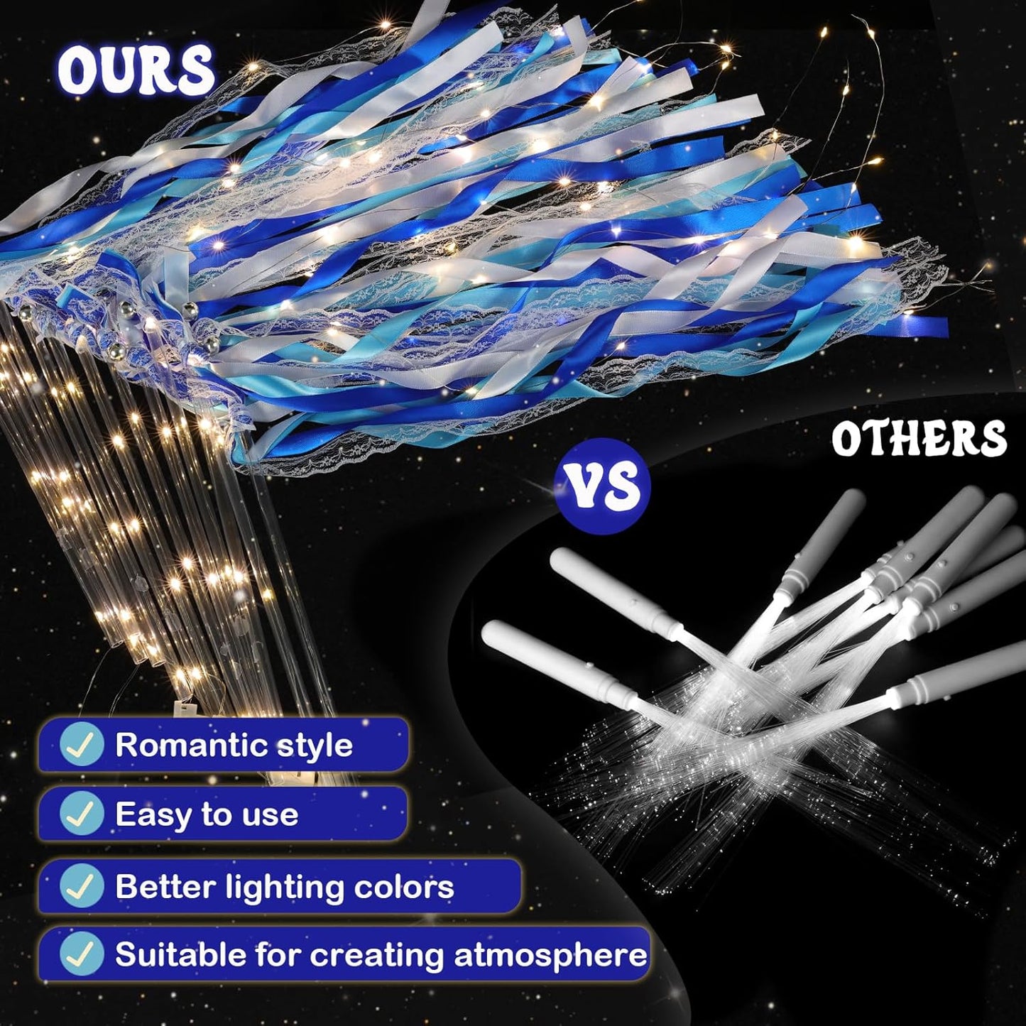 100 Pcs Wedding Wands Ribbon with 3 Colorful Flashing Modes, Light up LED Silk Fairy Wands, Glow Lace Stick with Bells for Wedding Reception, Graduation, New Year, Birthday Party (Blue)