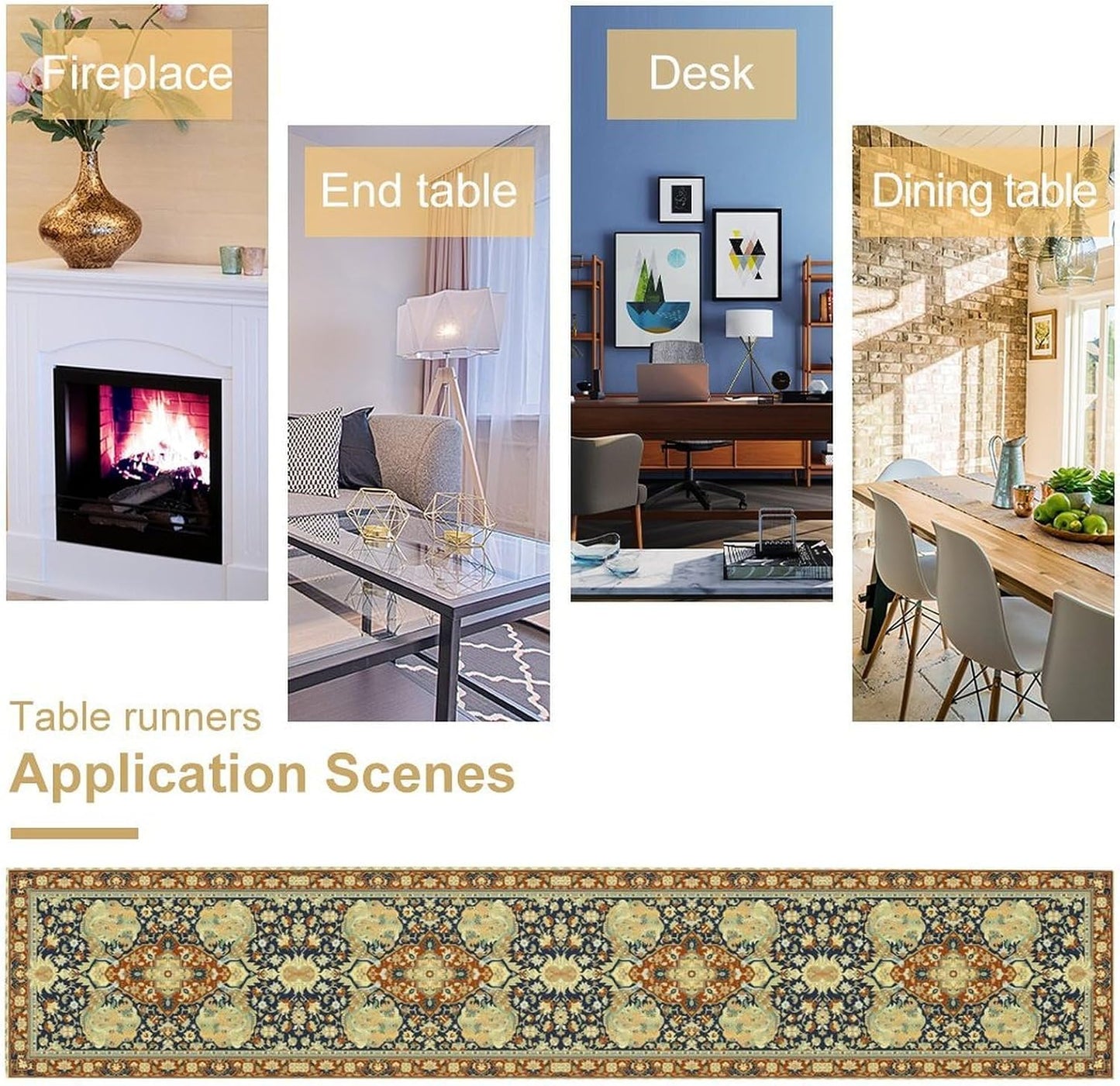 Vintage Boho Floral Table Runner, Elegant Luxurious Rustic Country Farmhouse Navy Blue Gold Retro Flower Pattern for Home Kitchen Table Decor Dining Coffee Room Party Decor 13x108in