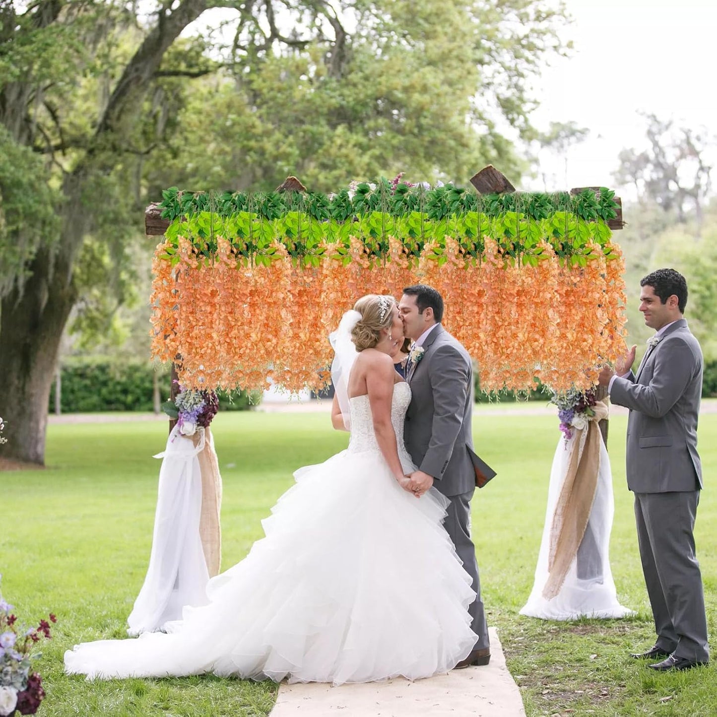 12 Pack Orange Wisteria Hanging Flowers Garland with Lights, 3.44 Feet Artificial Flower Vines, Fake Wisteria, Artificial Vines Hanging Garland for Backdrop Outdoor Patio Garden Decor