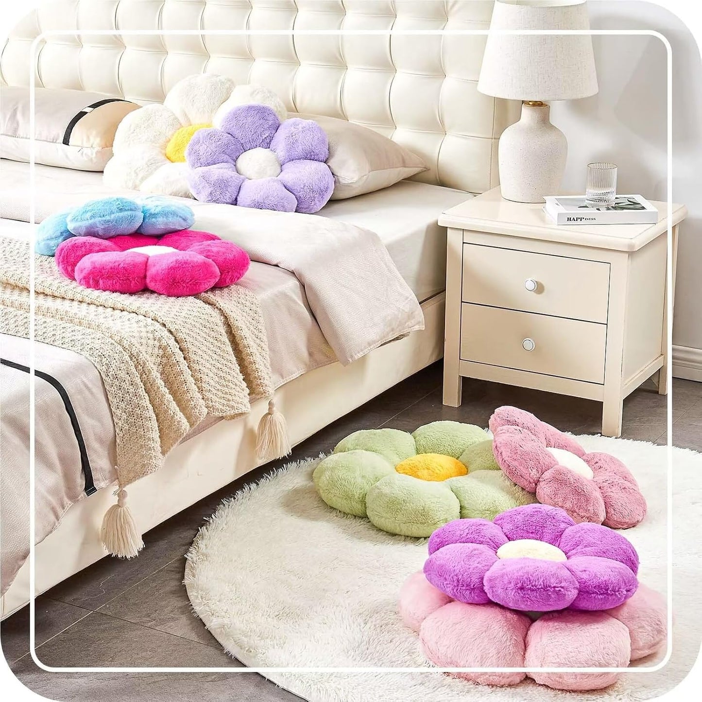 Pink Flower Pillow, Cute Decorative Flower Shaped Throw Pillow with Faux Rabbit Fur, 14.9" Soft Flower Plush Throw Pillow Floor Pillows Room Décor for Bedroom Living Room