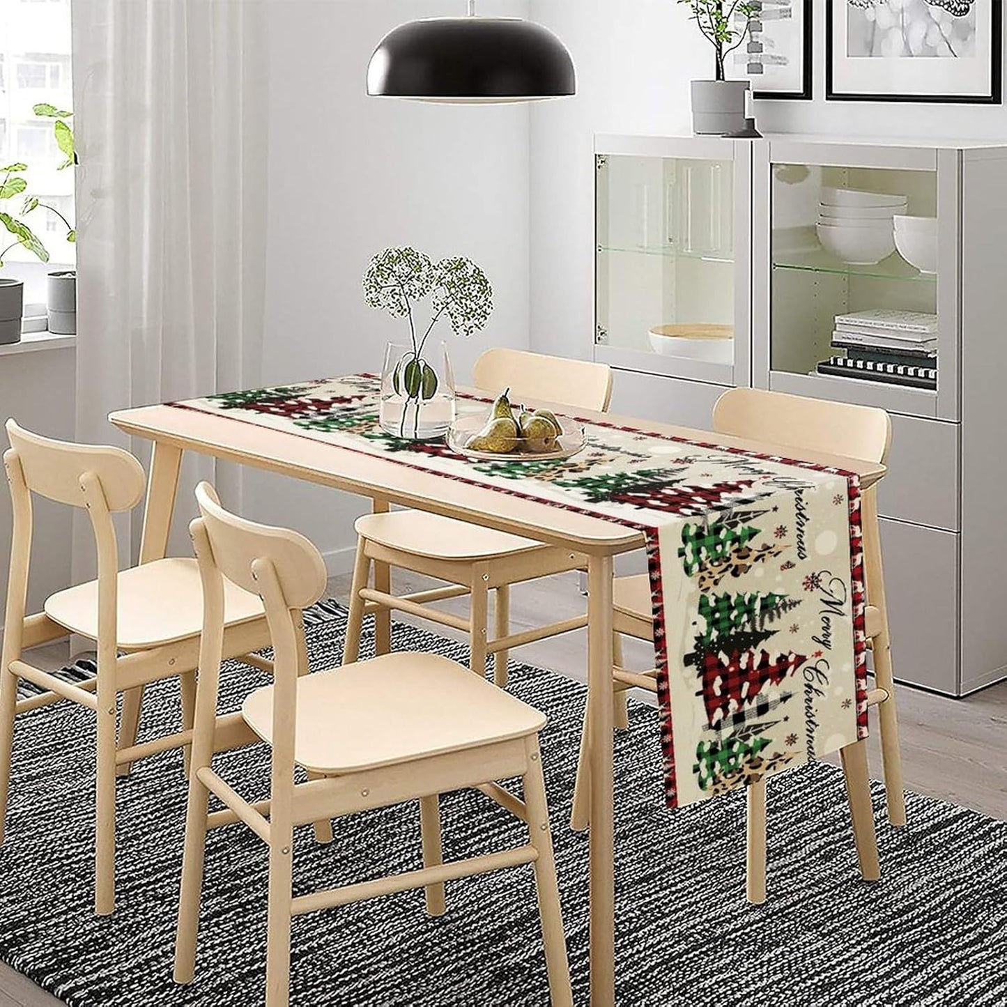 Christmas Tree Table Runner,Farmhouse Xmas Trees Buffalo Plaid Winter Snowflake Tablecloth Burlap for Hotel Indoors Outdoor Dining Room Kitchen Home Decor,W13X L60 in