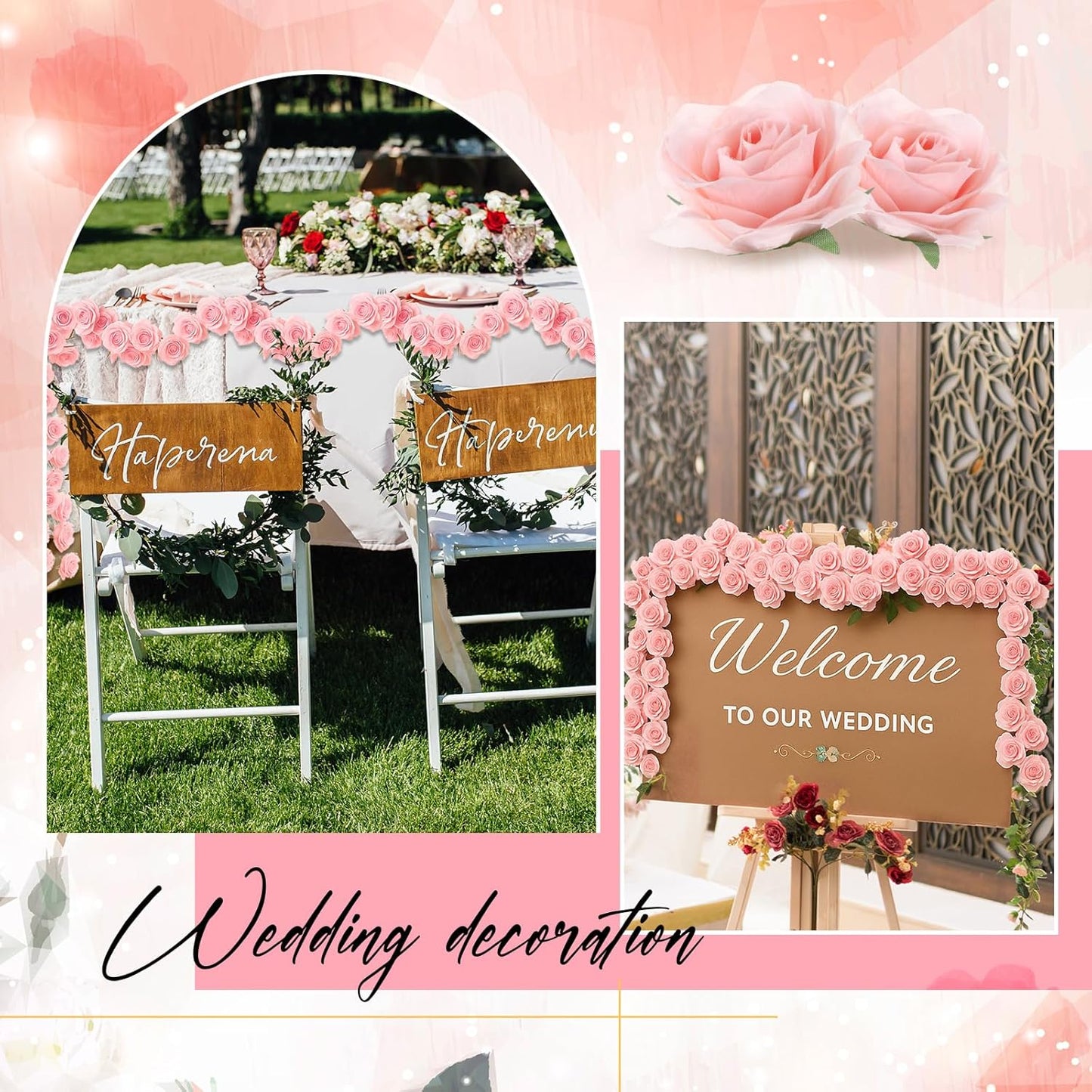 4 Pcs Pink Artificial Rose Vine Hanging Faux Flowers Garland for Wedding Anniversary Birthday Party Background Arch Garden Home Wall Room Decor