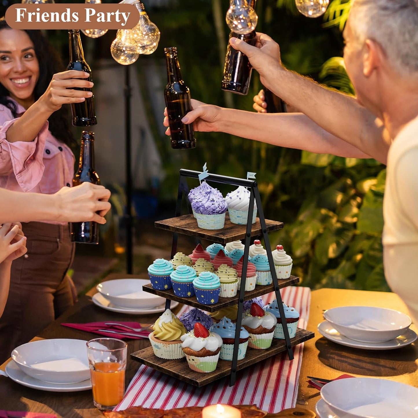 2 Pack Cupcake Stand 3 Tier Dessert Stand for 56 Cupcakes Dessert Table Display Set Wooden Cupcake Display Trays for Wedding,Birthday, Graduation, Party Decorations, Rustic Brown