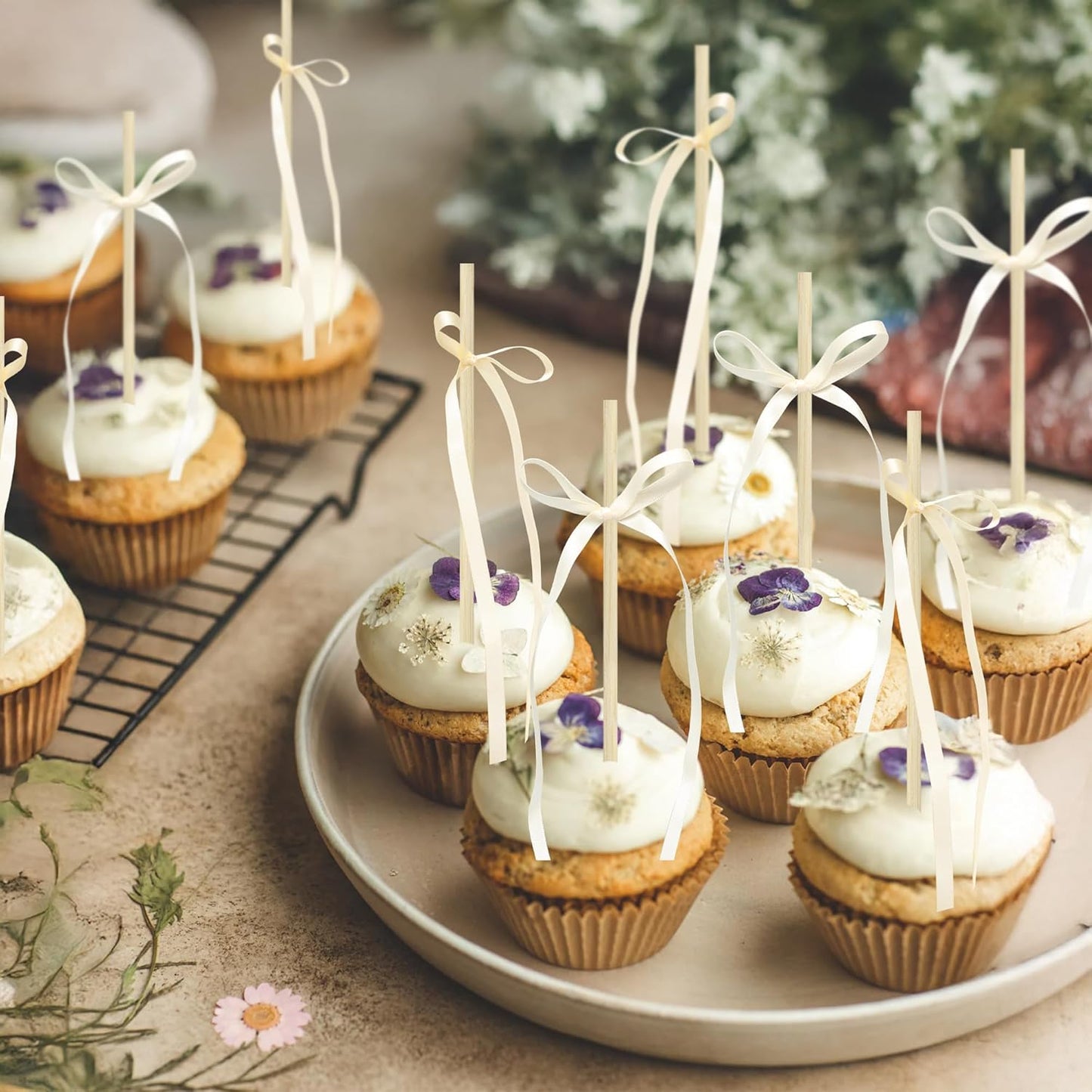 Ephlyn 30Pcs Bow Cupcake Toppers Valentine's Bowknot Ribbons Coquette Bow High Footed Cup Balloon Wall Party Decorations Cake Dessert Picks Baby Girl Birthday Wedding Party Supplies Beige