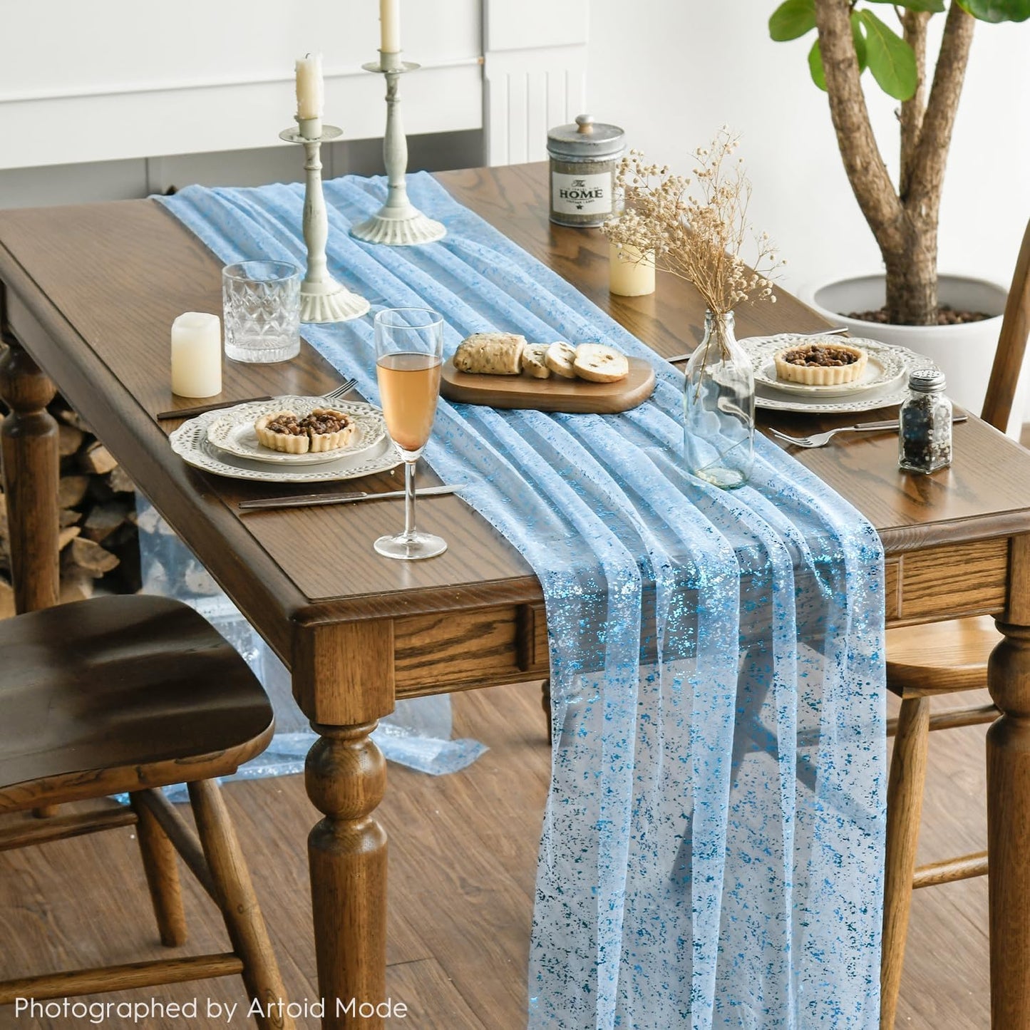 Artoid Mode Light Blue Gold Gauze Table Runner 120 Inch 10FT, Glitter Metallic Foil Sheer Dining Wedding Anniversary Holiday Table Decor for Home Party