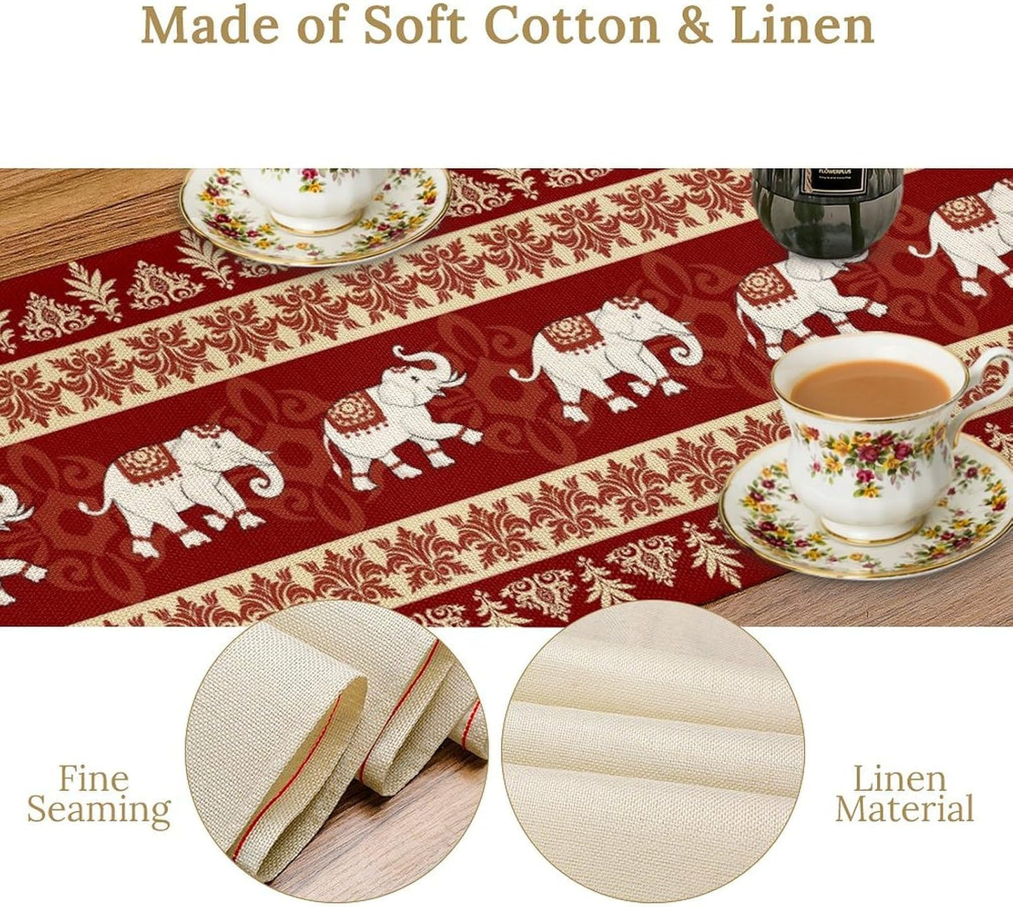 Boho Elephant Table Runner, Vintage Tribal Traditional African Animals Ethnic Folk Red Table Center Decor for Home Kitchen Dining Patio Holiday Party Indoor Outdoor Table Decorations, 13"x90" Inch