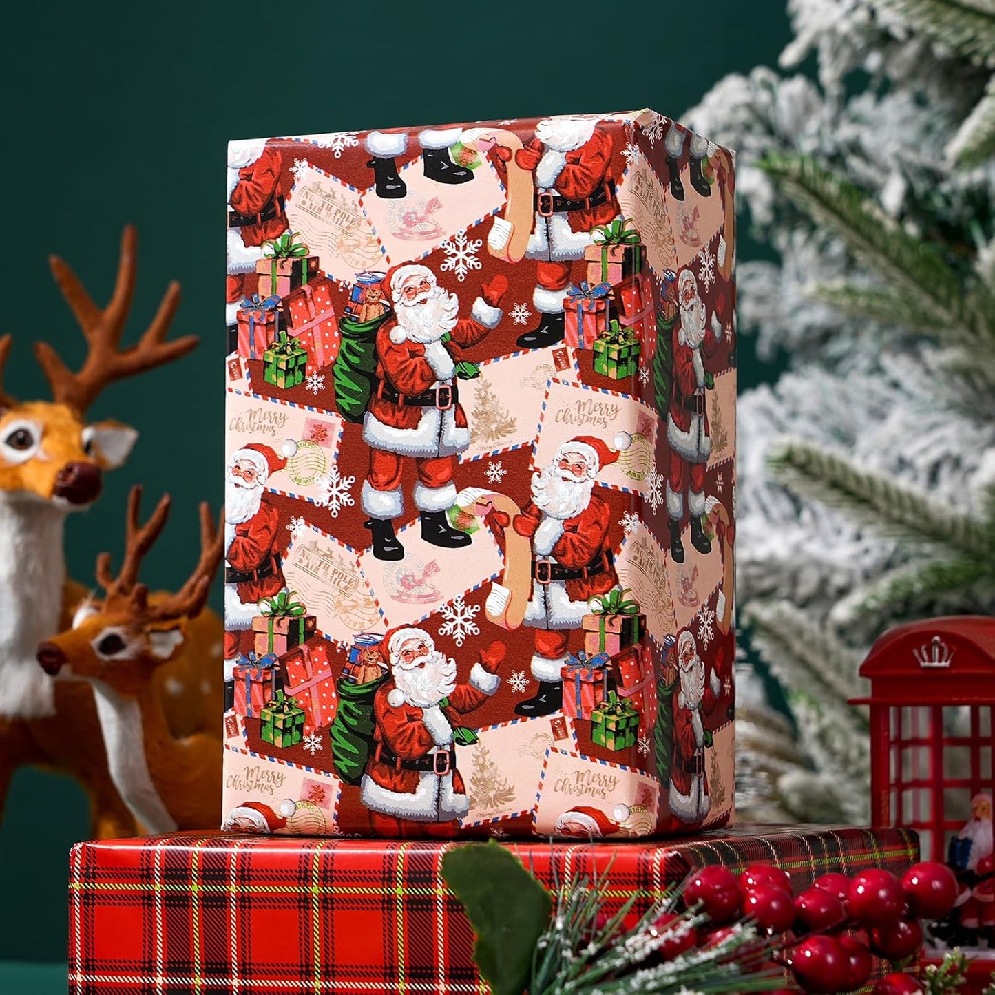 Ulmasinn Reversible Christmas Wrapping Paper Roll - 17" x33ft Double-Sided Designs with Santa and postcard & Plaid for Xmas Gift Wrap for Presents, Table Decor & Crafting
