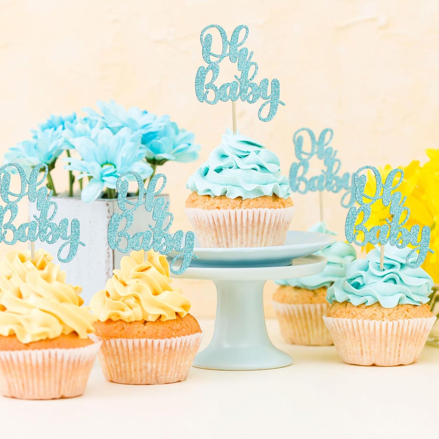 Gyufise 36Pcs Oh Baby Cupcake Toppers Glitter Baby Shower Cupcake Picks Oh Baby Cake Pick for Baby Shower Kids Boys Girls Birthday Party Cake Decorations Supplies Light Blue