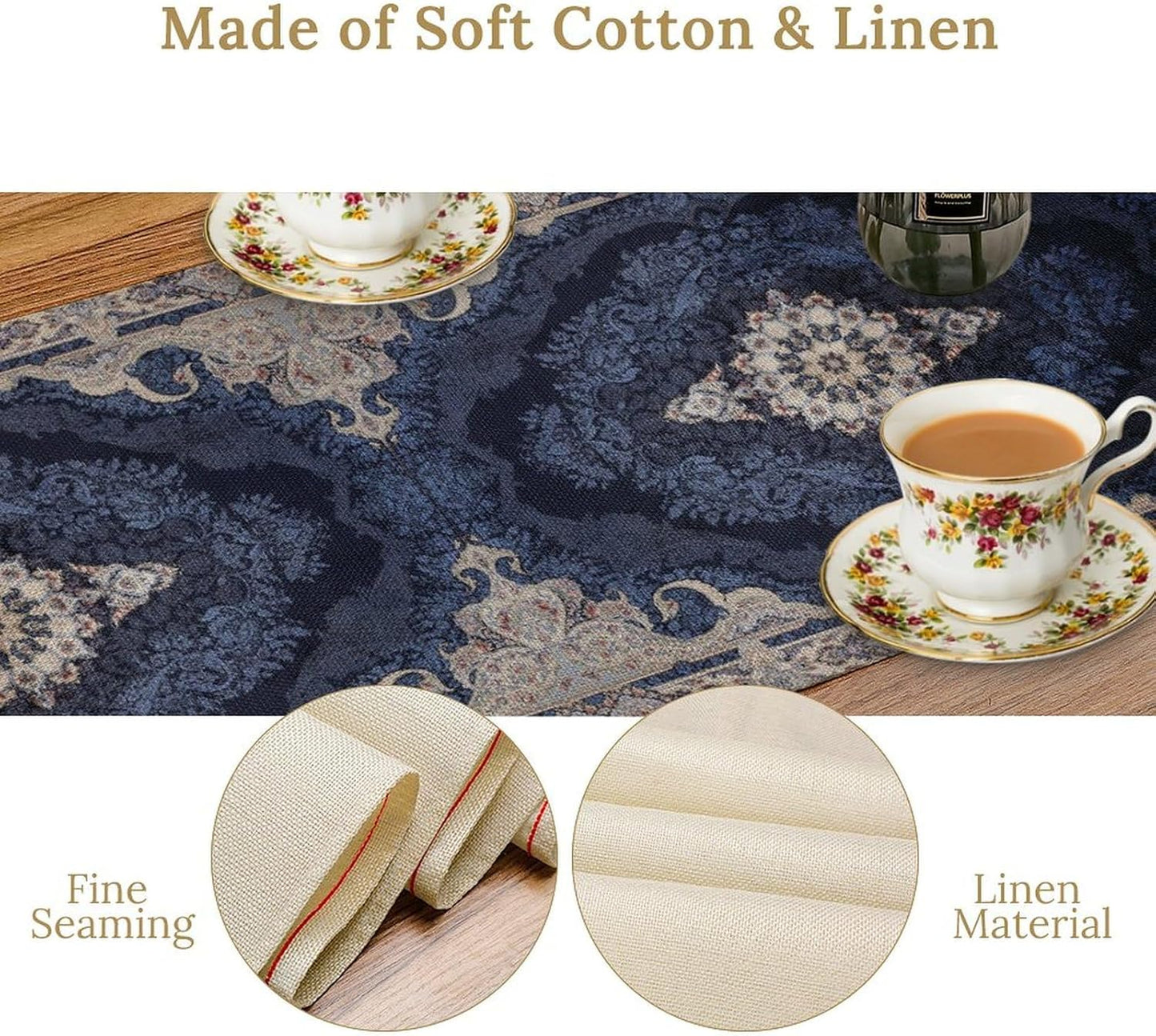 Vintage Boho Floral Table Runner, Rustic Country Farmhouse Dark Blue Grey Retro Flower Pattern for Home Kitchen Table Decor Dining Coffee Room Party Decor 13x72in