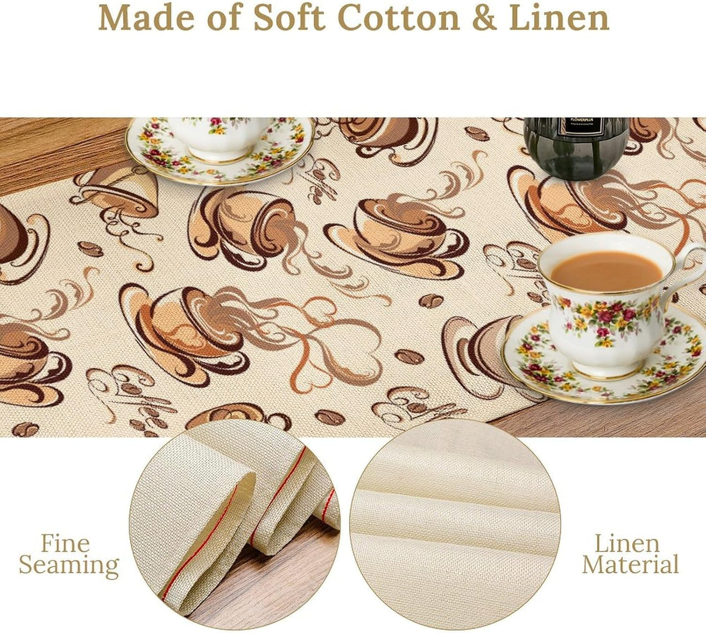 Coffee Time Table Runner, Farmhouse Retro Coffee Cup Tea Party Cafe Table Center Decor for Home Kitchen Dining Patio Holiday Party Indoor Outdoor Table Decorations,13"x72" Inch