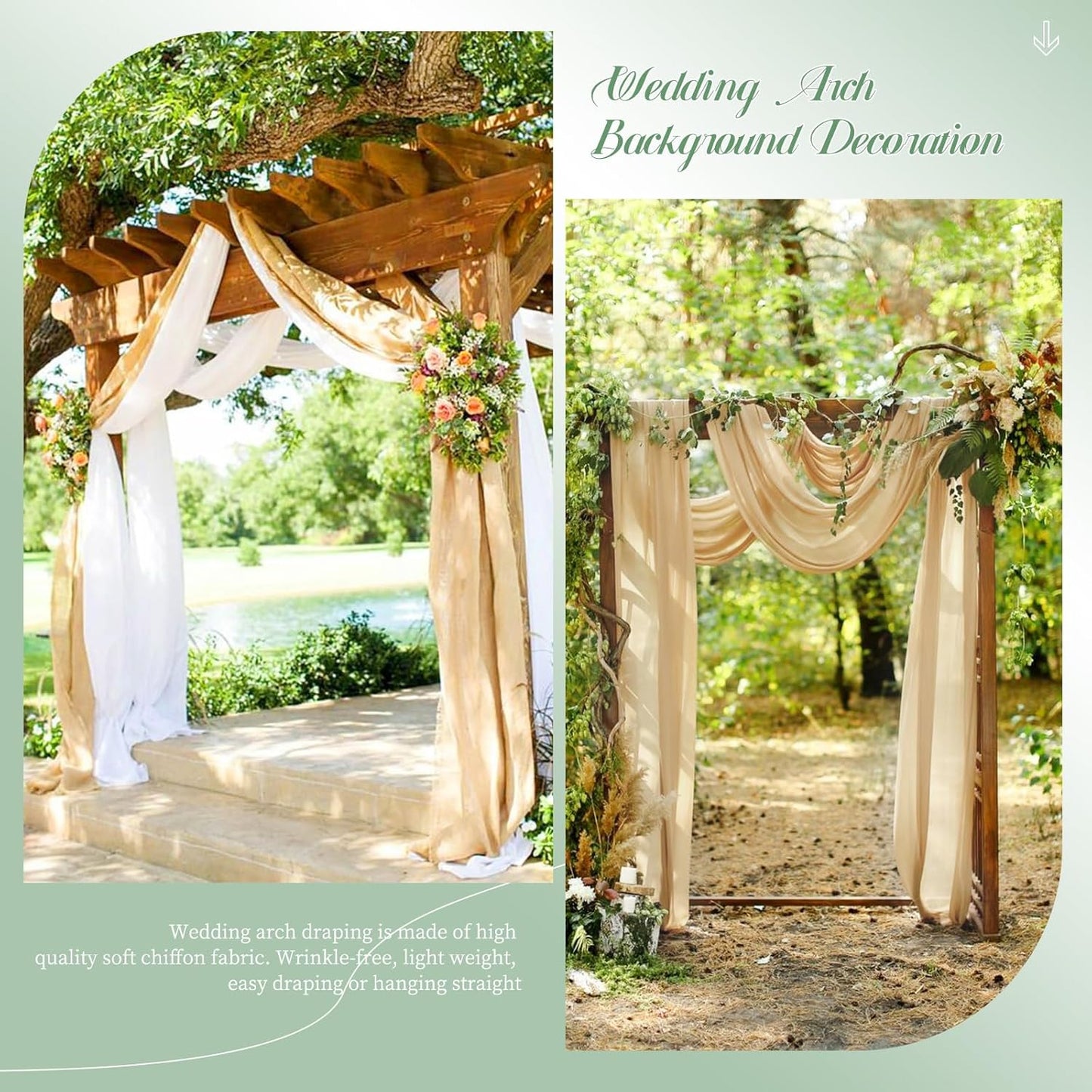 4 Panels Wedding Arch Draping Fabric, 28" x20ft Champagne Drapes, Sheer Chiffon Curtain Arbor Drapery Ceiling Drapes Backdrop for Ceremony Party Decor